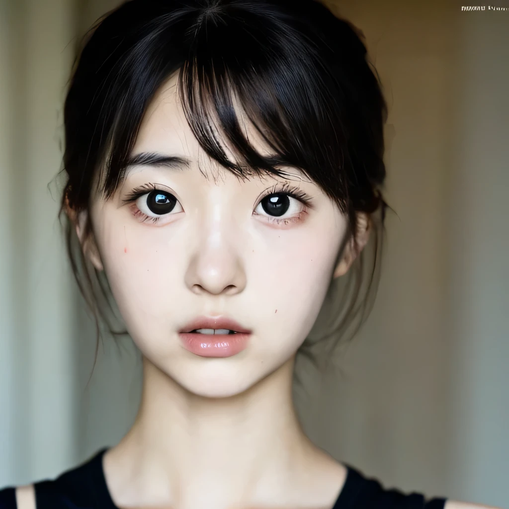 1 Japanese female, one-shot, Big eyes, big black eyes, double, shortcut, Emphasis on the clavicle, black hair, no makeup, young white skin, broad shoulders, 12 years old