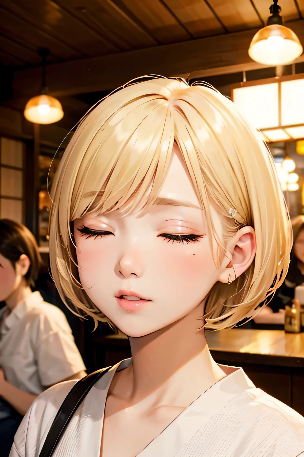 close up of face、my face turned red、blonde、short hair、girl1、close ~ eye、Izakaya、Beer 、