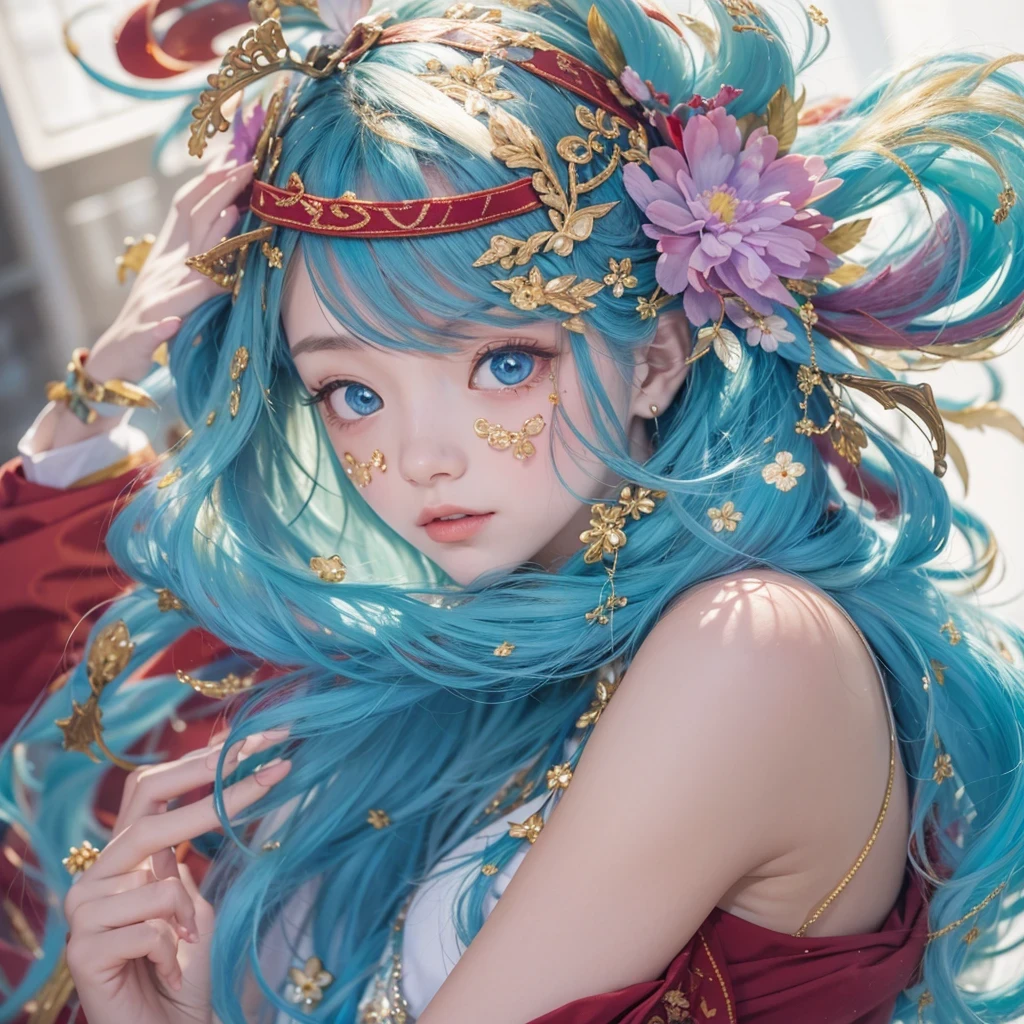 黄 blue colors,enamel,agate,A flesh-colored world,Blood Blue Maiden 32k(masterpiece,HD,Aoyama Pond,Ultra high quality,32k)long flowing bright blue hair,blood pool,Ziddink, a color,Grumpy (After greeting), (Linen scarf), fighting stance, looking at the ground, long white hair, Floating bright blue, Fire cloud gold headdress, Chinese long-sleeved gold silk burgundy garment, (Abstract metaverse splash:1.2), White background,Peony flower vitality protector(realistically:1.4),bright purple hair,Smoke on the road,The background is very pure, high resolution, detail, RAW photos, Sharp Re, Nikon D850 film photo by Jefferies Lee 4 Kodak Portra 400 camera F1.6 guns, colorful, Ultra-realistic and vivid textures, dramatic lighting, Unreal Engine Art Station Trend, Sinest 800,一个有着long flowing bright blue hair的女孩,huge colorful bubbles