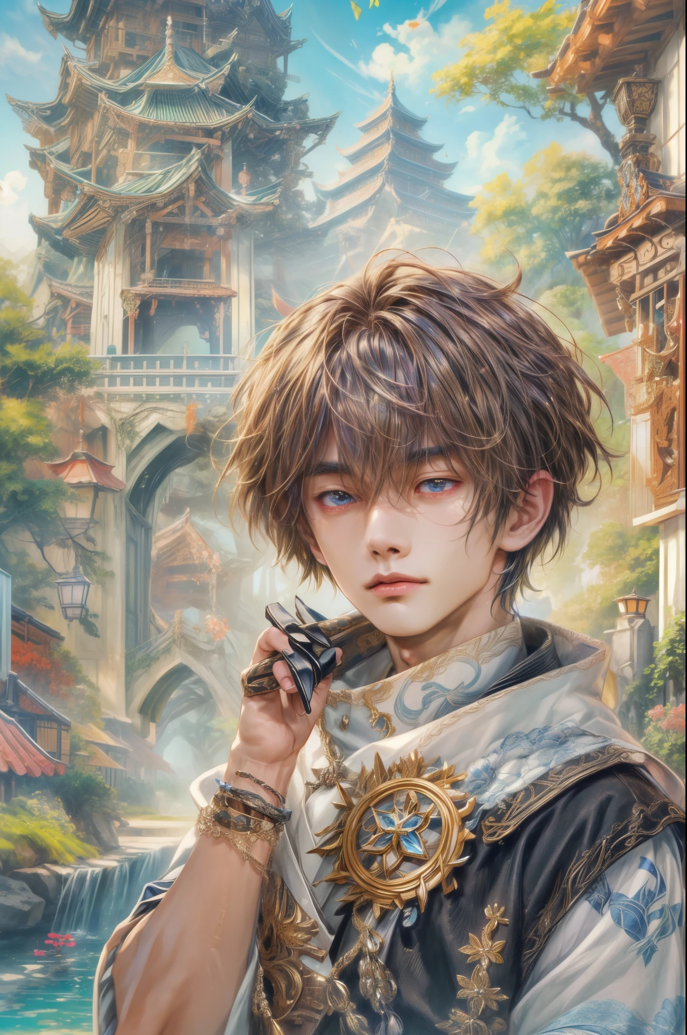 (absurdres, highres, ultra detailed, HDR), masterpiece, Intricate details,best quality picture of a character from Genshin Impact, manly face handsome teen boy with short Hair anime eyes, intricate details on face, brave look, in a detailed outside paradise sanctuary scenery, detailed character, art kenouji