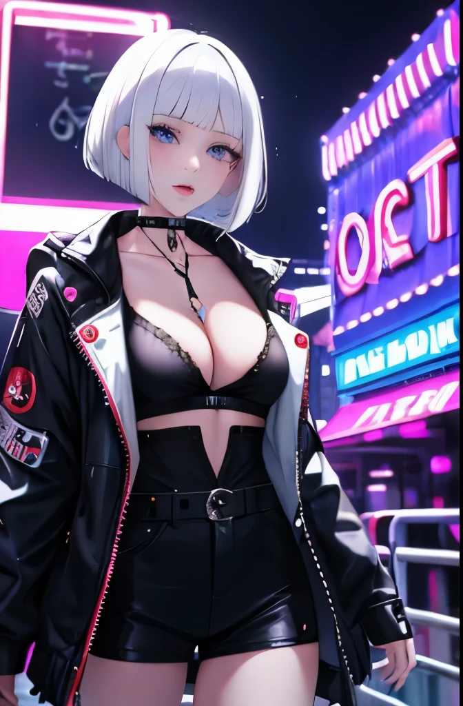 1girl, bangs, white hair, blue eyes, fashi-g,bob cut,short hair, forehead, cleavage, collarbone, open jacket,mecha,cyberpunk,neon lights,large breasts,mature female,shiny skin,rain,water drop, (cowboy Shot:1.5), 