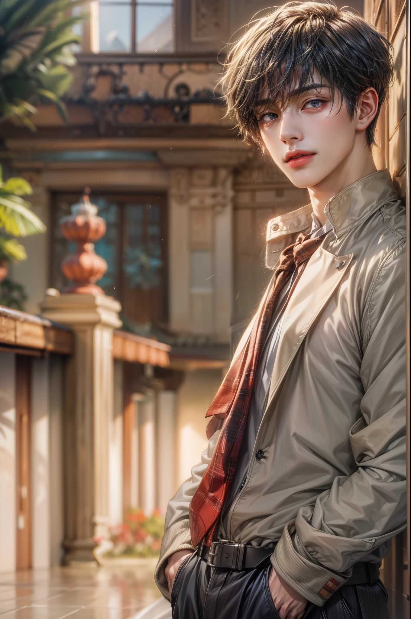 (absurdres, highres, ultra detailed, HDR), masterpiece, best quality, Netflix series Singles Inferno character, handsome young boy, short hair, korean handsome face, anime eyes, detailed scenery of a private resort, detailed character