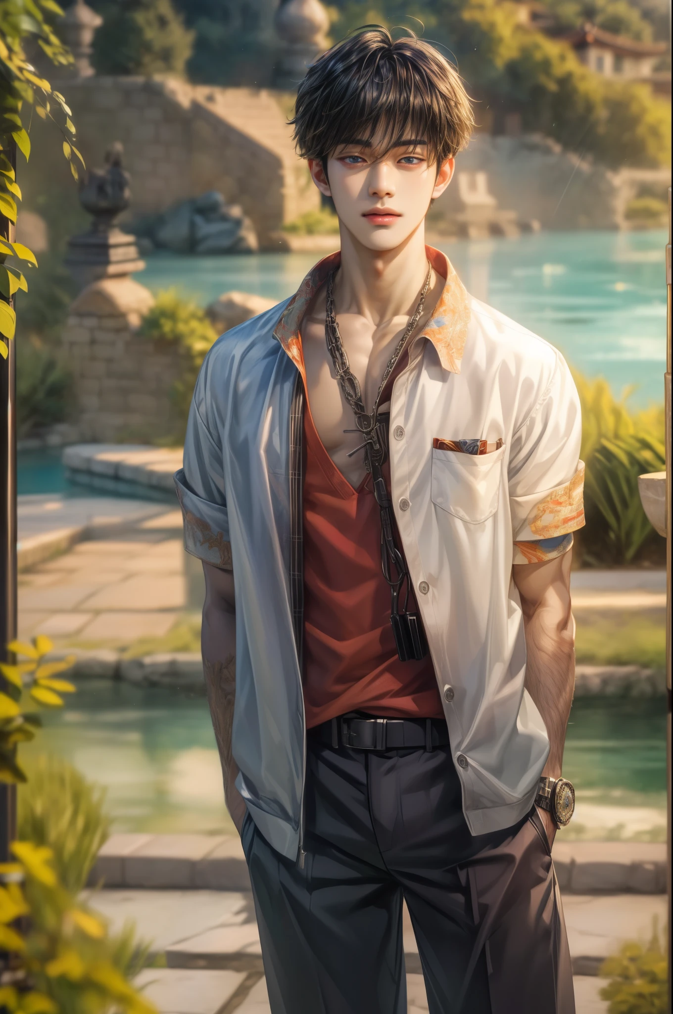 (absurdres, highres, ultra detailed, HDR), masterpiece, best quality, Netflix series Singles Inferno character, handsome young boy, short hair, korean handsome face, anime eyes, detailed scenery of a private resort, detailed character