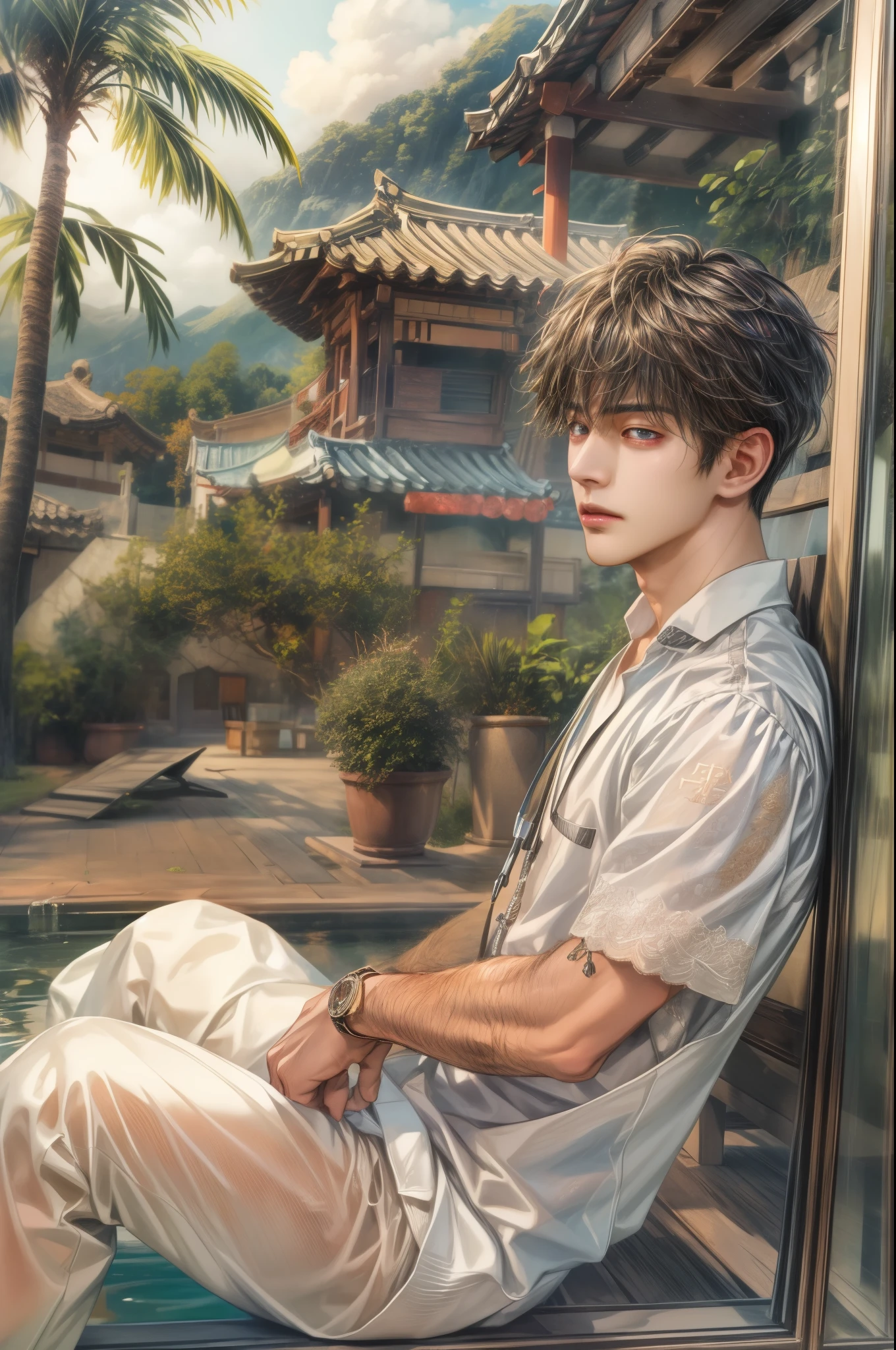 (absurdres, highres, ultra detailed, HDR), masterpiece, best quality, Netflix series Singles Inferno character, handsome young boy, short hair, korean handsome face, anime eyes, detailed scenery of a private resort, detailed character