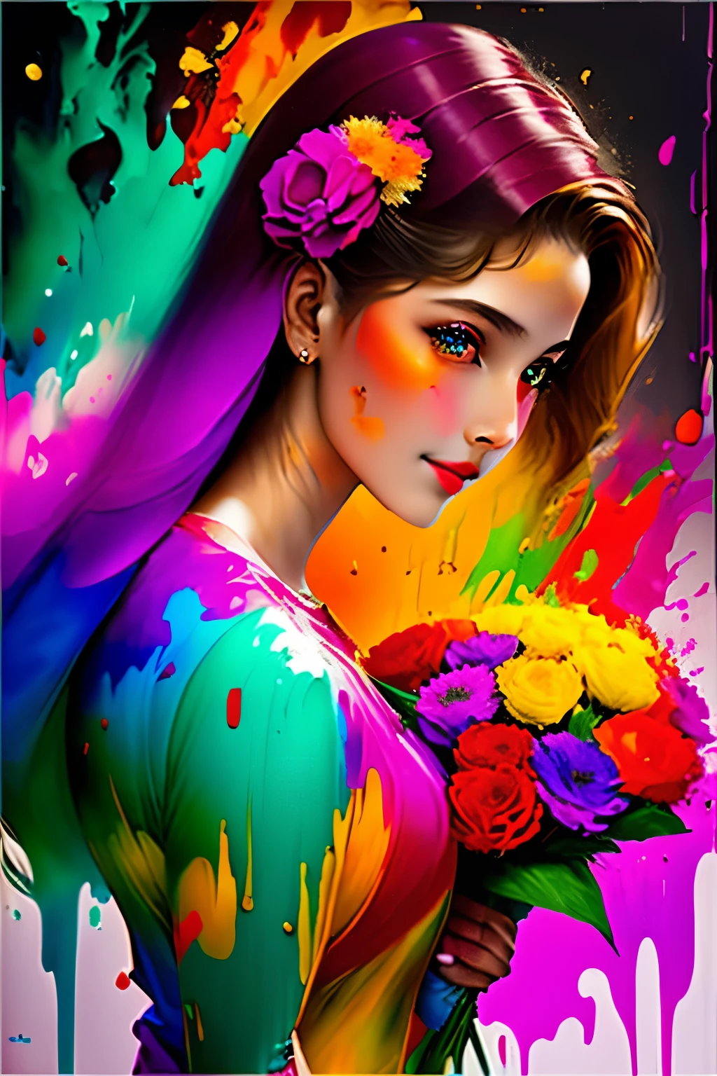 
Beautiful 19-year-old girl with a bouquet of flowers in her hands.! The magic of creating masterpieces of portrait art ! All paint colors, poured onto canvas, magically move and mix., turning into a stunningly beautiful portrait ! thick . bright and contrasting colors are simply amazing . our imagination is the creation of a masterpiece in the style of Alberto Seveso !!