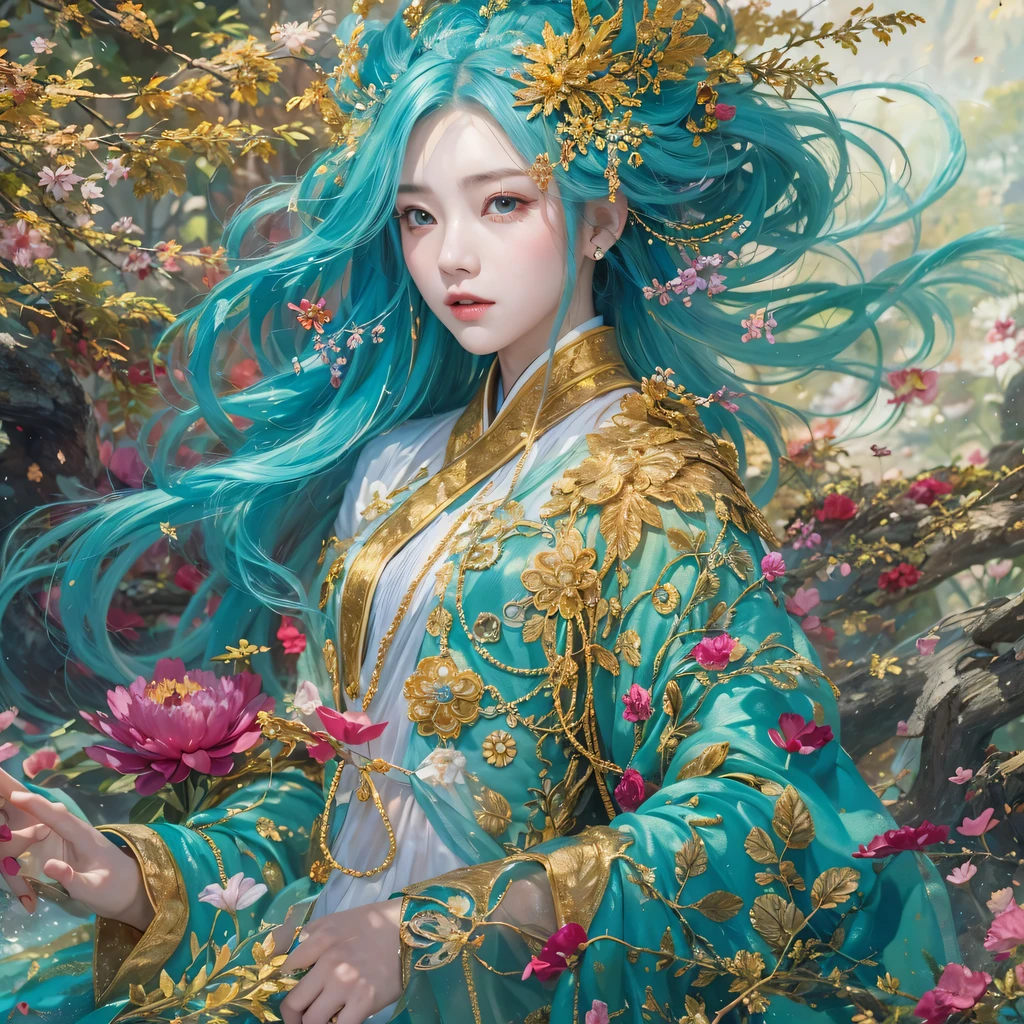 鹅黄 blue colors，enamel，agate，A flesh-colored world，Blood Blue Maiden 32k（masterpiece，HD，Aoyama Pond，Ultra high quality，32k）long flowing bright blue hair，blood pool，Ziddink， a color，Grumpy （After greeting）， （Linen scarf）， fighting stance， looking at the ground， long 鹅黄 hair， Floating bright blue， Fire cloud gold headdress， Chinese long-sleeved gold silk burgundy garment， （Abstract metaverse splash：1.2）， White background，Peony flower vitality protector（realistically：1.4），bright purple hair，Smoke on the road，The background is very pure， high resolution， detail， RAW photos， Sharp Re， Nikon D850 film photo by Jefferies Lee 4 Kodak Portra 400 camera F1.6 guns, colorful, Ultra-realistic and vivid textures, dramatic lighting, Unreal Engine Art Station Trend, Sinest 800，一个有着long flowing bright blue hair的女孩，Huge colorful bubbles鹅黄
