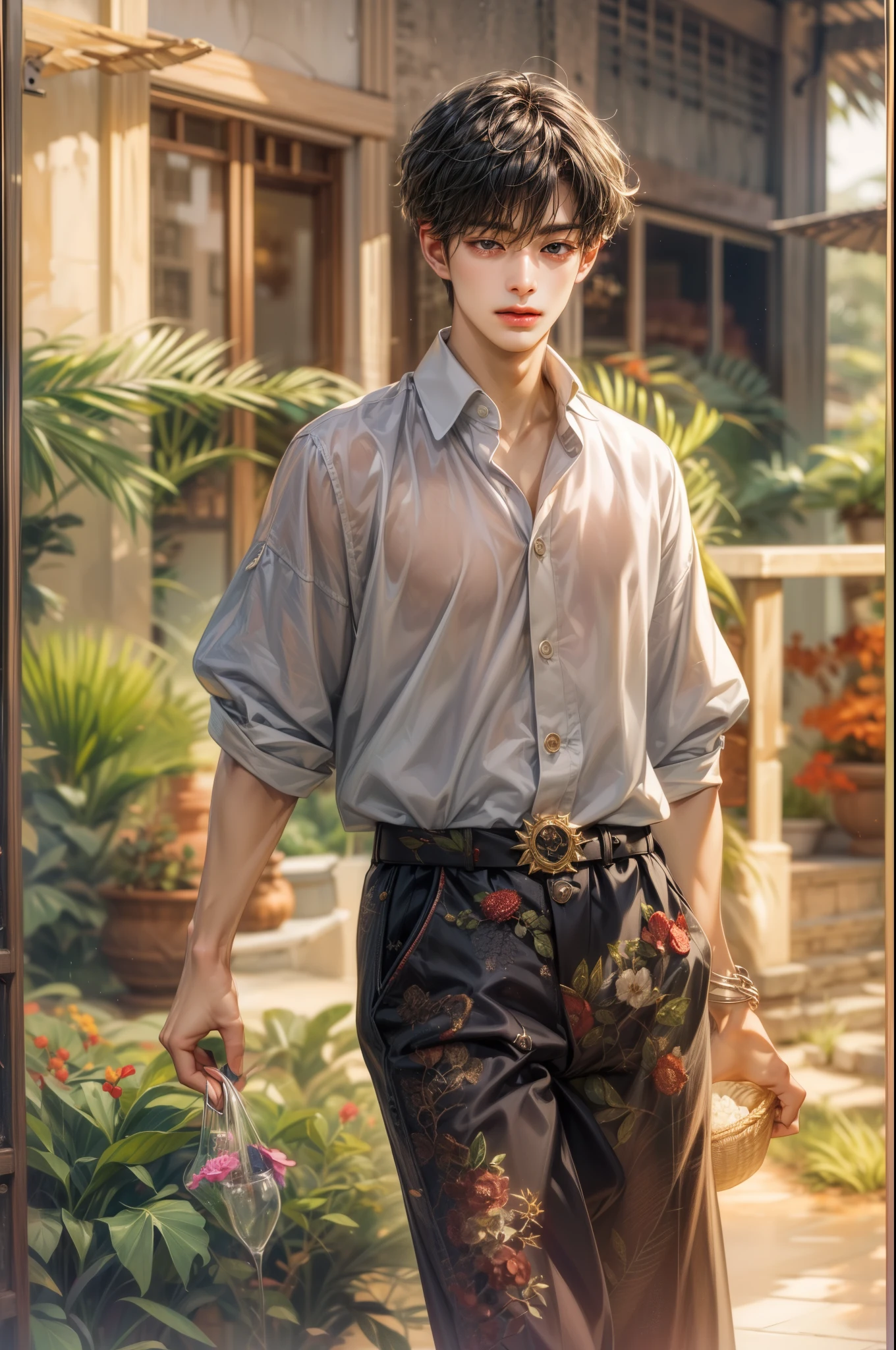 (absurdres, highres, ultra detailed, HDR), masterpiece, best quality, Netflix series Singles Inferno character, handsome young boy, short hair, korean handsome face, anime eyes, detailed scenery of a private resort, detailed character