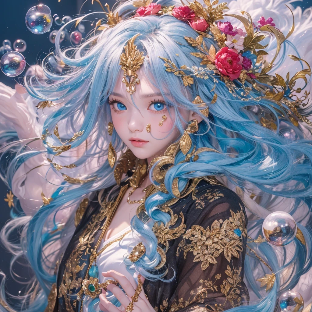 鹅黄 blue colors，enamel，agate，A flesh-colored world，Blood Blue Maiden 32k（masterpiece，HD，Aoyama Pond，Ultra high quality，32k）long flowing bright blue hair，blood pool，Ziddink， a color，Grumpy （After greeting）， （Linen scarf）， fighting stance， looking at the ground， long 鹅黄 hair， Floating bright blue， Fire cloud gold headdress， Chinese long-sleeved gold silk burgundy garment， （Abstract metaverse splash：1.2）， White background，Peony flower vitality protector（realistically：1.4），bright purple hair，Smoke on the road，The background is very pure， high resolution， detail， RAW photos， Sharp Re， Nikon D850 film photo by Jefferies Lee 4 Kodak Portra 400 camera F1.6 guns, colorful, Ultra-realistic and vivid textures, dramatic lighting, Unreal Engine Art Station Trend, Sinest 800，一个有着long flowing bright blue hair的女孩，Huge colorful bubbles鹅黄