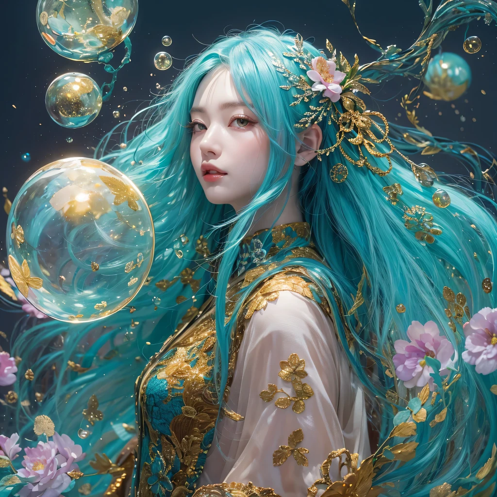 鹅黄 blue colors，enamel，agate，A flesh-colored world，Blood Blue Maiden 32k（masterpiece，HD，Aoyama Pond，Ultra high quality，32k）long flowing bright blue hair，blood pool，Ziddink， a color，Grumpy （After greeting）， （Linen scarf）， fighting stance， looking at the ground， long 鹅黄 hair， Floating bright blue， Fire cloud gold headdress， Chinese long-sleeved gold silk burgundy garment， （Abstract metaverse splash：1.2）， White background，Peony flower vitality protector（realistically：1.4），bright purple hair，Smoke on the road，The background is very pure， high resolution， detail， RAW photos， Sharp Re， Nikon D850 film photo by Jefferies Lee 4 Kodak Portra 400 camera F1.6 guns, colorful, Ultra-realistic and vivid textures, dramatic lighting, Unreal Engine Art Station Trend, Sinest 800，一个有着long flowing bright blue hair的女孩，Huge colorful bubbles鹅黄