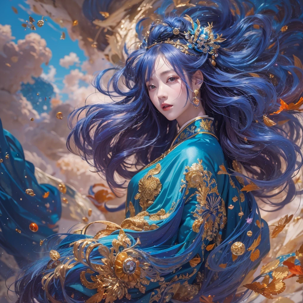 鹅黄 blue colors,enamel,agate,A flesh-colored world,Blood Blue Maiden 32k(masterpiece,HD,Aoyama Pond,Ultra high quality,32k)long flowing bright blue hair,blood pool,Ziddink, a color,Grumpy (After greeting), (Linen scarf), fighting stance, looking at the ground, long 鹅黄 hair, Floating bright blue, Fire cloud gold headdress, Chinese long-sleeved gold silk burgundy garment, (Abstract metaverse splash:1.2), White background,Peony flower vitality protector(realistically:1.4),bright purple hair,Smoke on the road,The background is very pure, high resolution, detail, RAW photos, Sharp Re, Nikon D850 film photo by Jefferies Lee 4 Kodak Portra 400 camera F1.6 guns, colorful, Ultra-realistic and vivid textures, dramatic lighting, Unreal Engine Art Station Trend, Sinest 800,一个有着long flowing bright blue hair的女孩,Huge colorful bubbles鹅黄