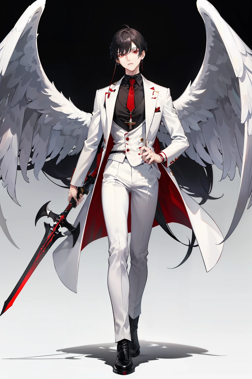 White skin，White skin，red eyes，black hair、industrial earrings，The Cross, short and detailed hair，amazing，to show，Best image quality，men，Hudatin boots，The Cross，black interior，black pantsuit, white long coat, Angel Wings, Holding a sword