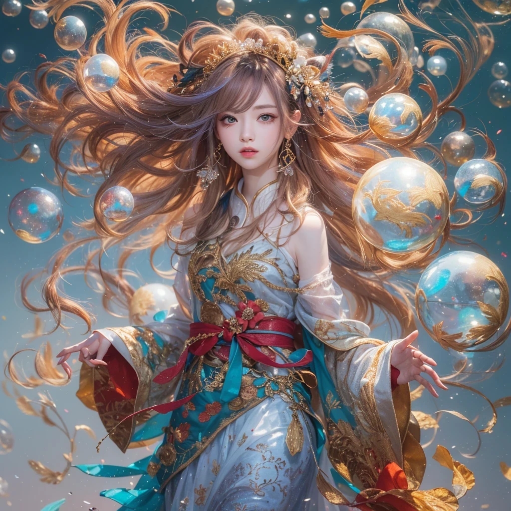 鹅黄 blue colors,enamel,agate,A flesh-colored world,Blood Blue Maiden 32k(masterpiece,HD,Aoyama Pond,Ultra high quality,32k)long flowing bright blue hair,blood pool,Ziddink, a color,Grumpy (After greeting), (Linen scarf), fighting stance, looking at the ground, long 鹅黄 hair, Floating bright blue, Fire cloud gold headdress, Chinese long-sleeved gold silk burgundy garment, (Abstract metaverse splash:1.2), White background,Peony flower vitality protector(realistically:1.4),bright purple hair,Smoke on the road,The background is very pure, high resolution, detail, RAW photos, Sharp Re, Nikon D850 film photo by Jefferies Lee 4 Kodak Portra 400 camera F1.6 guns, colorful, Ultra-realistic and vivid textures, dramatic lighting, Unreal Engine Art Station Trend, Sinest 800,一个有着long flowing bright blue hair的女孩,Huge colorful bubbles鹅黄