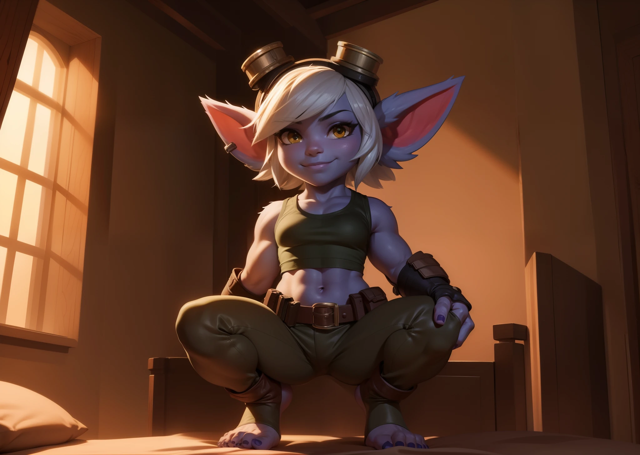 [tristana], [LOL], ((masterpiece)), ((HD)), ((high res)), ((beautiful render art)), ((solo portrait)), ((full body)), ((front view)), ((feet visible)), ((detailed shading)), {(attractive), (short), yordle, (purple skin), (elf ears), (short white hair), (cute brown eyes), (detailed iris), (short eyelashes), (sharp nails), (curvy hips), (detailed abs), (thick thighs), (detailed legs), (beautiful legs), (beautiful feet), (detailed toes), (smug smirk), (excited expression)}, {(green sleeveless shirt), (navel), (tight green pants), (brown belt), (utility belt), (brown gauntlets), (fingerless gloves), (toeless socks), (goggles on head)}, {(squatting on bed), (legs spread open), (looking at viewer)}, [background; (bedroom), (window), (forest), (blue sky), (sun rays), (ambient lighting)]