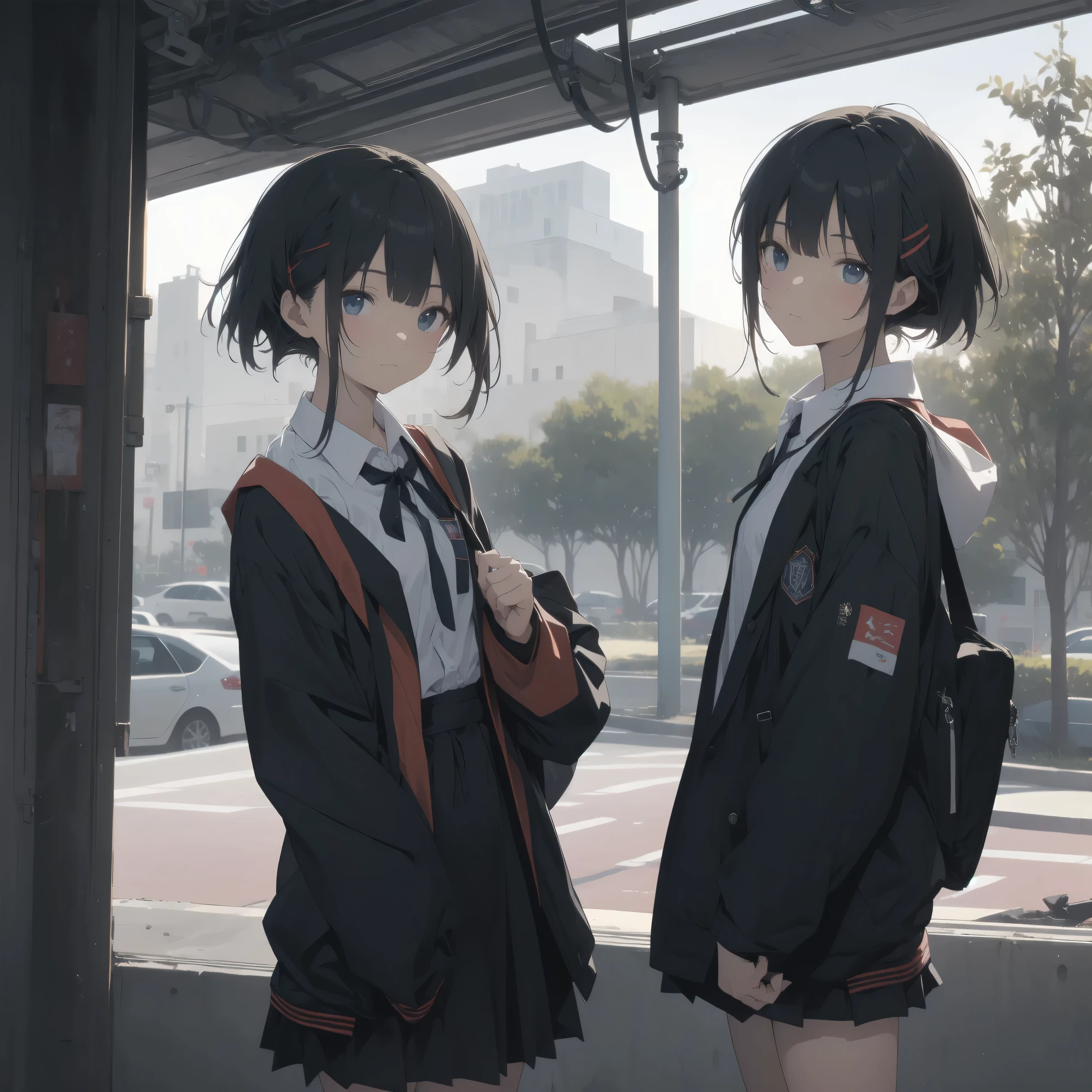 Super absurd quality by the god of art, super detailed, High resolution, anime moe art style, Best Anime 8K Kona-chan Wallpaper, pixiv contest winner, perfect anatomy, break,(眠そうにalone学校へ行く女の子を描いてください. )break,1 girl, (alone,little woman, baby face, 13 years old:1.3),All limbs, full finger,, The charm of an immature body, (very short hair), bangs, flat chest, Small Bodysuits, small ass, between legs, small black eyes, detailed and beautiful eyes, Well-proportioned iris and pupils, expressive eyes, sleepy eyes, High resolutionの詳細な髪, ribbon, neck ribbon, skirt, collared shirt, pleated skirt, school uniform, school bag,(detailed lighting), (detailed background), On the way to school. break,super dense skin, The best everyday lighting by famous artists, 8k,cute illustration,photoshop_(Moderate),Absurd Hi-Res,Hmm,rough skin