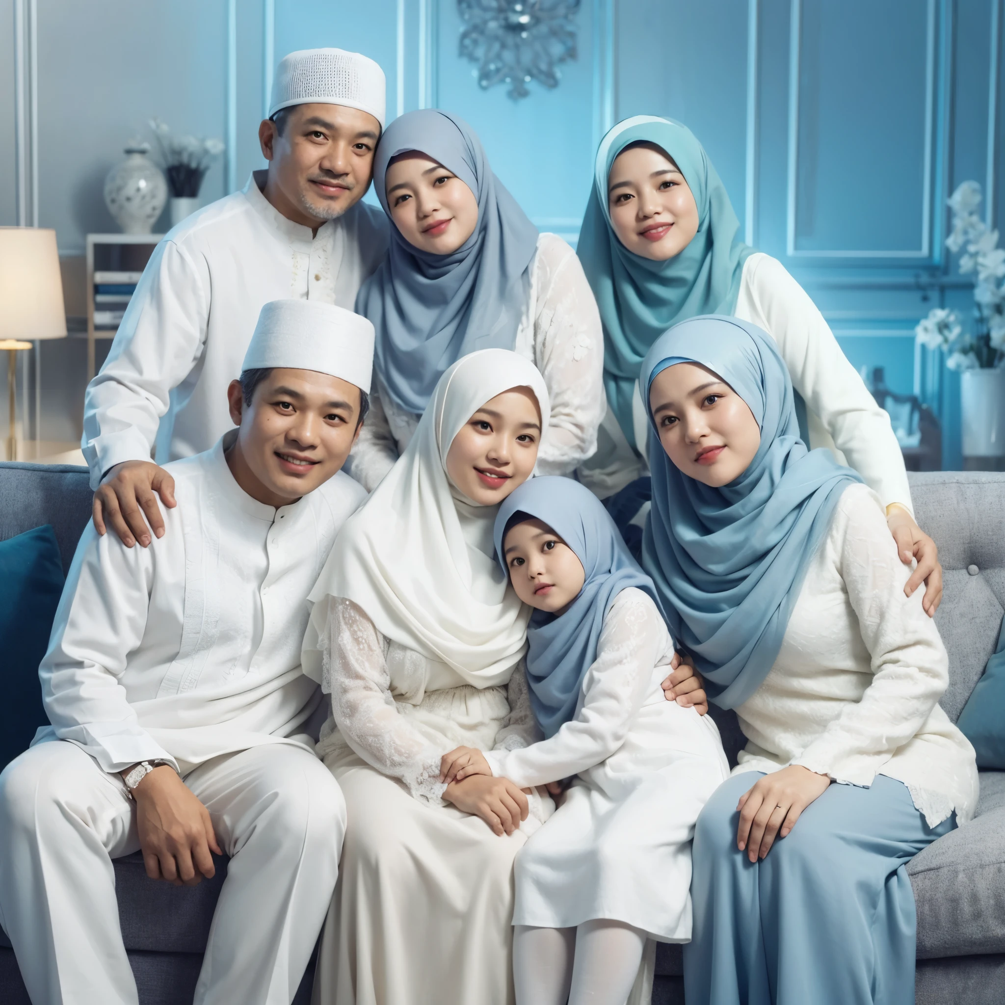 Make a friendly close up photo style, seven members, two Indonesian MAN aged 45 years, chubby, one WOMAN aged 45 years old, chubby, wearing a hijab, three women aged 30 year old, and a girl aged 7 years, they are wearing white colored Muslim koko clothes The latest blue long dress , wearing a hijab, sitting on the sofa, embracing each other, comfortable and happy, in a luxurious living room, luxury home studio background, very detailed. fresh colors, blue lighting, ULTRA HD, 