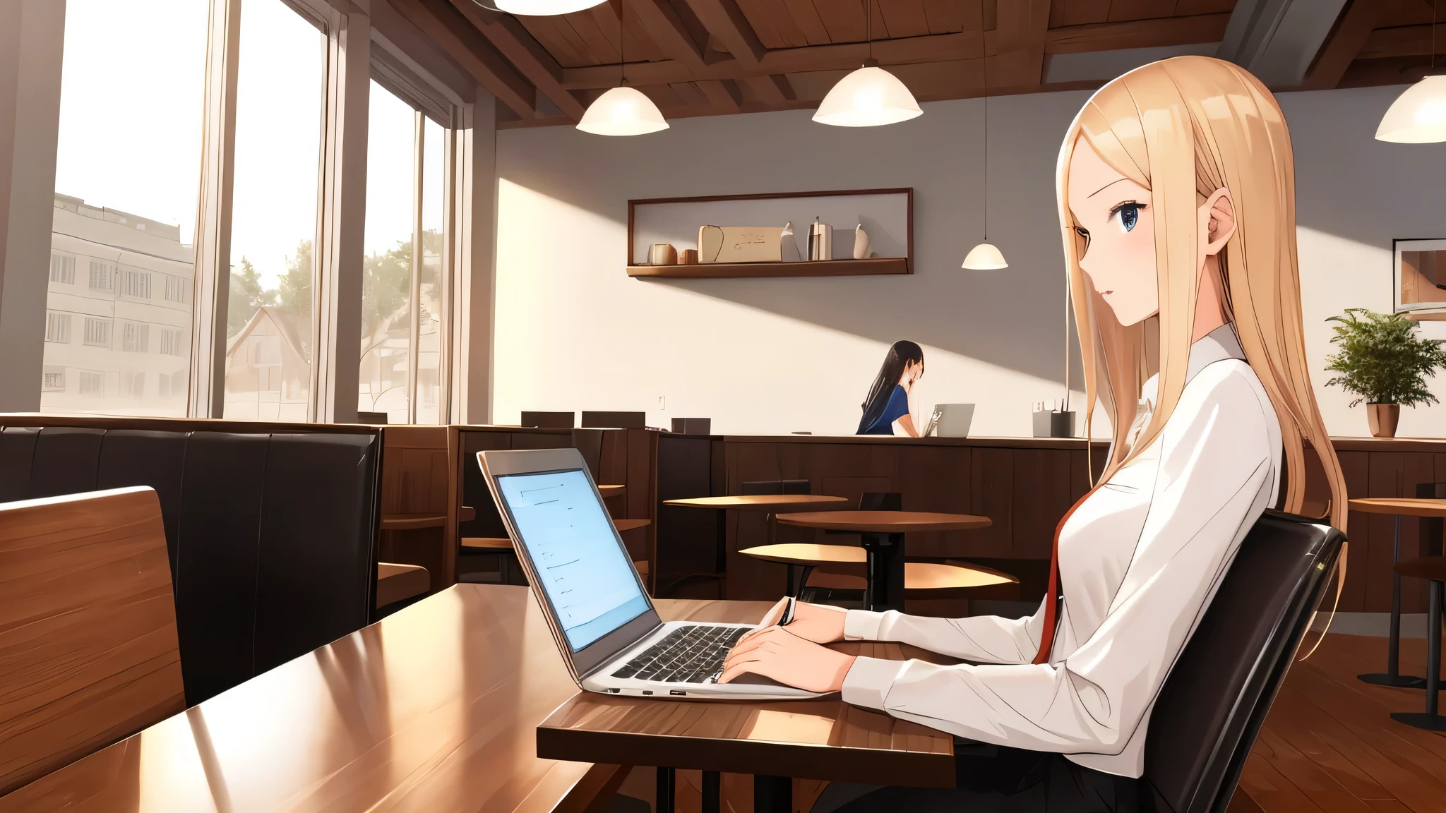 Tall slender blonde girl studying with laptop in cafe　student