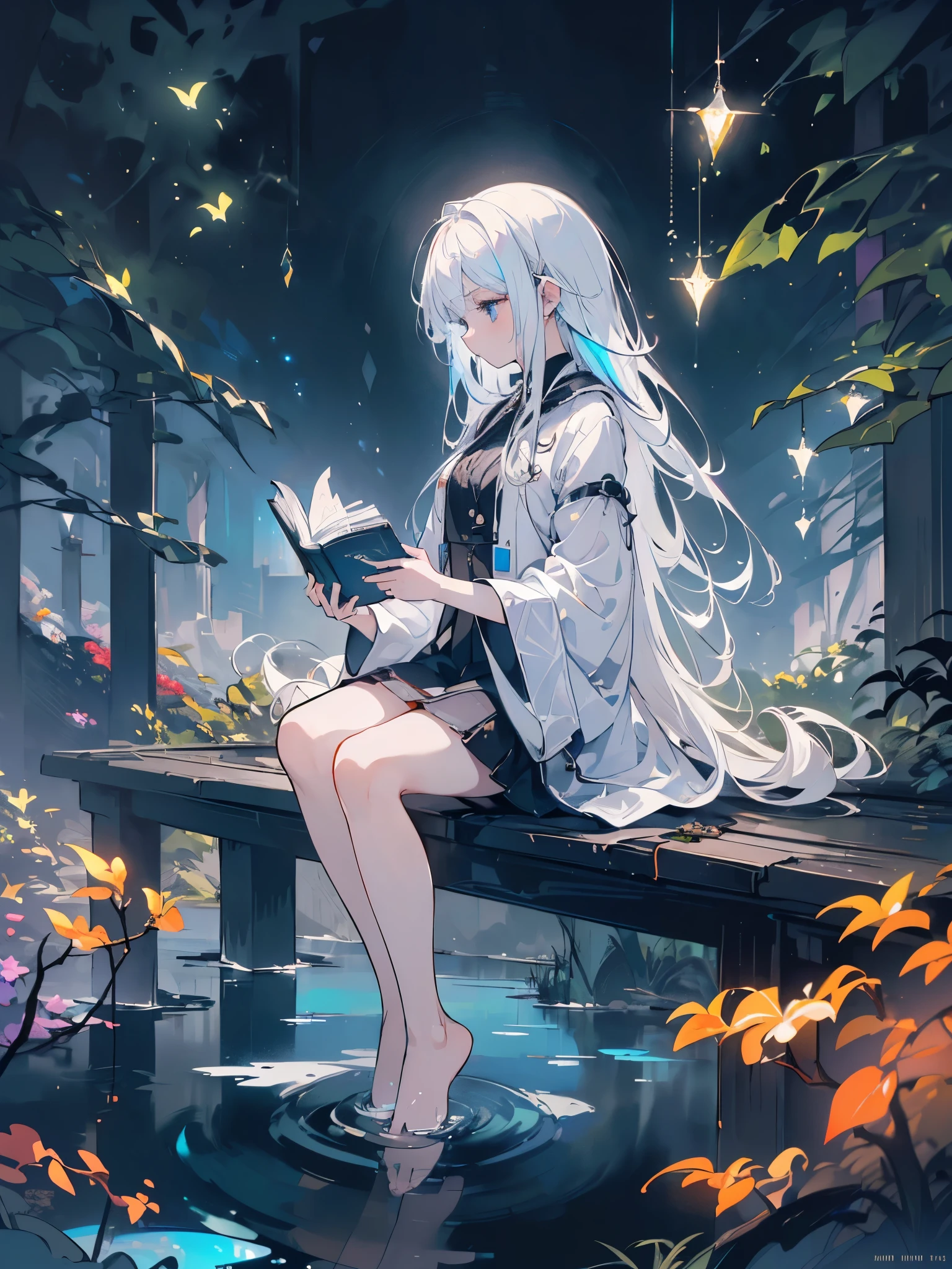 a girl in profile, sitting, legs crossed, white hair, long sideburns, white hair, bluish eyes, (((bare feet in the water, reading a book with black pages, luminous letters coming out of the book))), in a black forest and dark with neon flowers and fireflies, {extremely detailed 16k CG unit wallpaper}, expansive landscape photography, (a low view with focus on character and setting), (wide view of open field), ( low angle photo), (high light: 1.2), (low light: 1.7), (warm light source: 1.2), complex details, (iridescent colors: 1.5), (bright lighting), (atmospheric lighting)