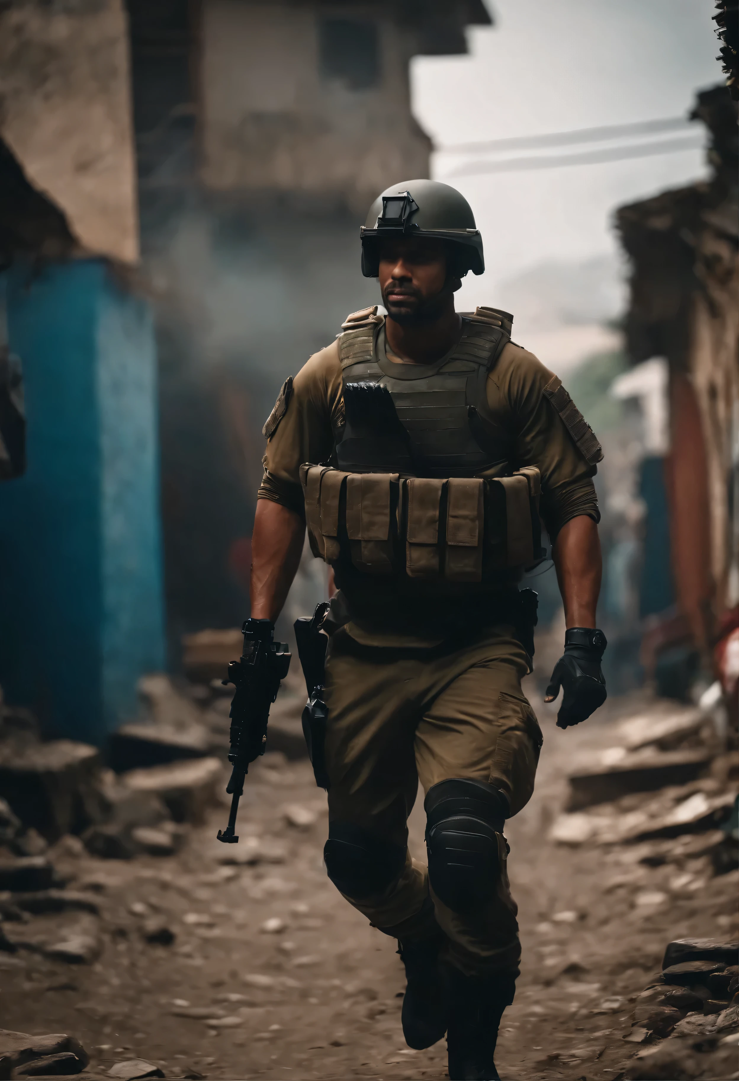 a spartan soldier invading a brazilian favela, photorealistic, taken using the Canon EOS R camera with a 50mm f/1.8 lens, f/2.2 aperture, shutter speed 1/200s, ISO 100 and natural light, Full Body, Hyper Realistic Photography, Cinema, Cinema, Hyperdetail, UHD, Color Correction, hdr, color grading, hyper realistic CG animation --air 4:5 --upbeta --q 2 --v 5,  d