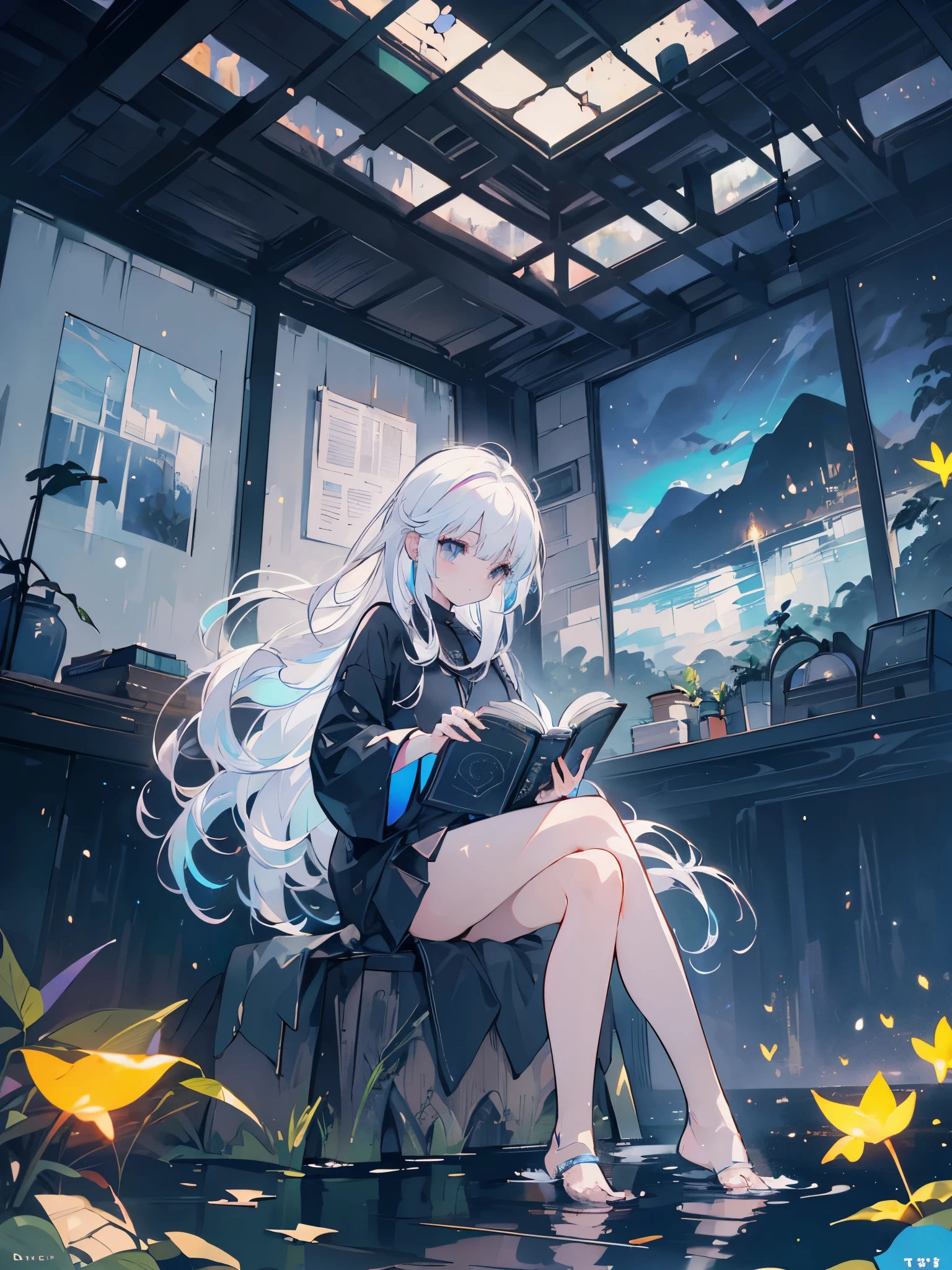 a girl in profile, sitting, legs crossed, white hair, long sideburns, white hair, bluish eyes, (((bare feet in the water, reading a book with black pages, luminous letters coming out of the book))), in a black forest and dark with neon flowers and fireflies, {extremely detailed 16k CG unit wallpaper}, expansive landscape photography, (a low view with focus on character and setting), (wide view of open field), ( low angle photo), (high light: 1.2), (low light: 1.7), (warm light source: 1.2), complex details, (iridescent colors: 1.5), (bright lighting), (atmospheric lighting)
