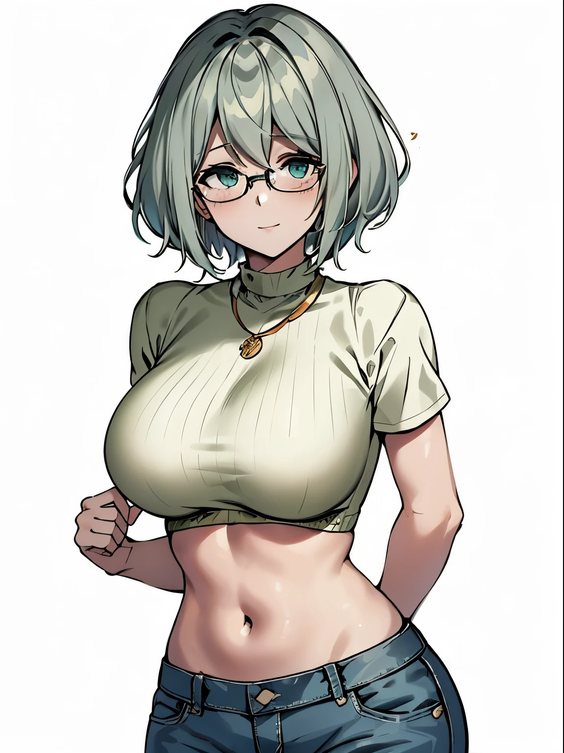 master part, best quality, 1girl, sozinho, 23 anos, adulto,, messy hair, asymmetrical hair, Ahoge, cabelos muito curtos, aqua eyes, medium breasts,  Tonificado, 167 centimeters, pale skin, glasses, sorriso, camisa verde oliva, jeans, Espreita Midriff, simple white background 