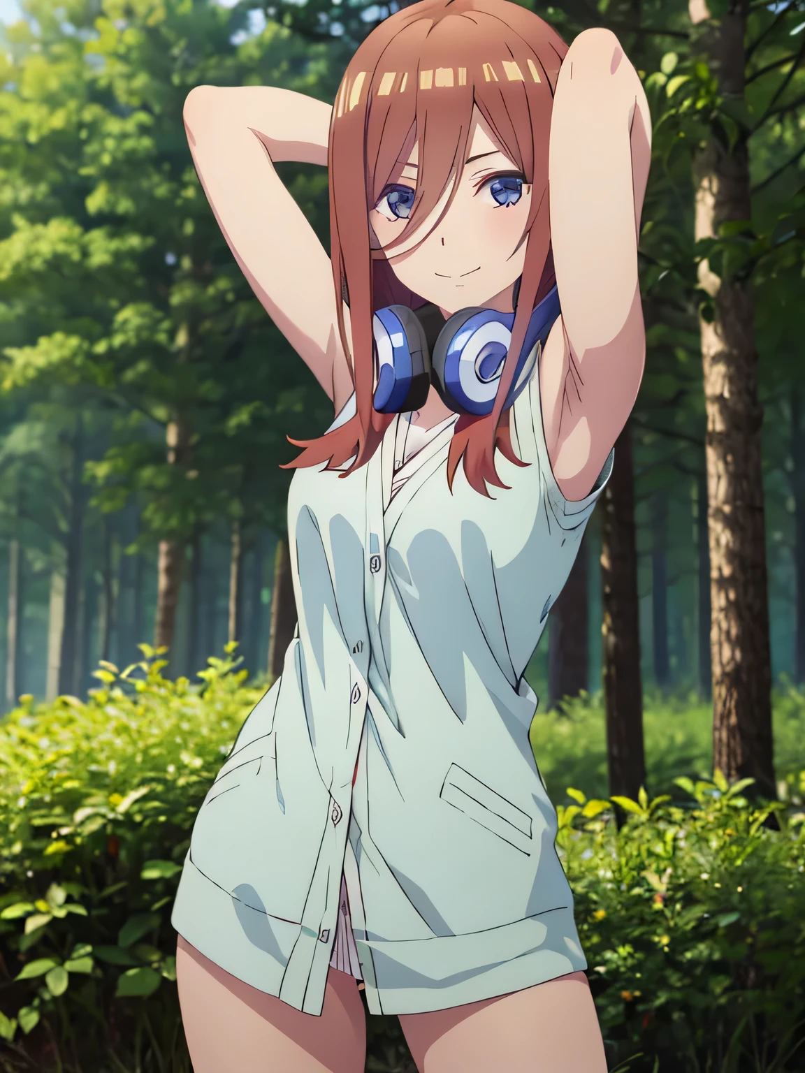 solo, 1girl, looking at viewer, 2D, anime, anime coloring, high quality, closed mouth, solo, cowboy shot, night sky, forest, arms behind head, contrapposto, shy smile, spread armpits, miku nakano, cardigan, headphones around neck, looking at viewer, smile