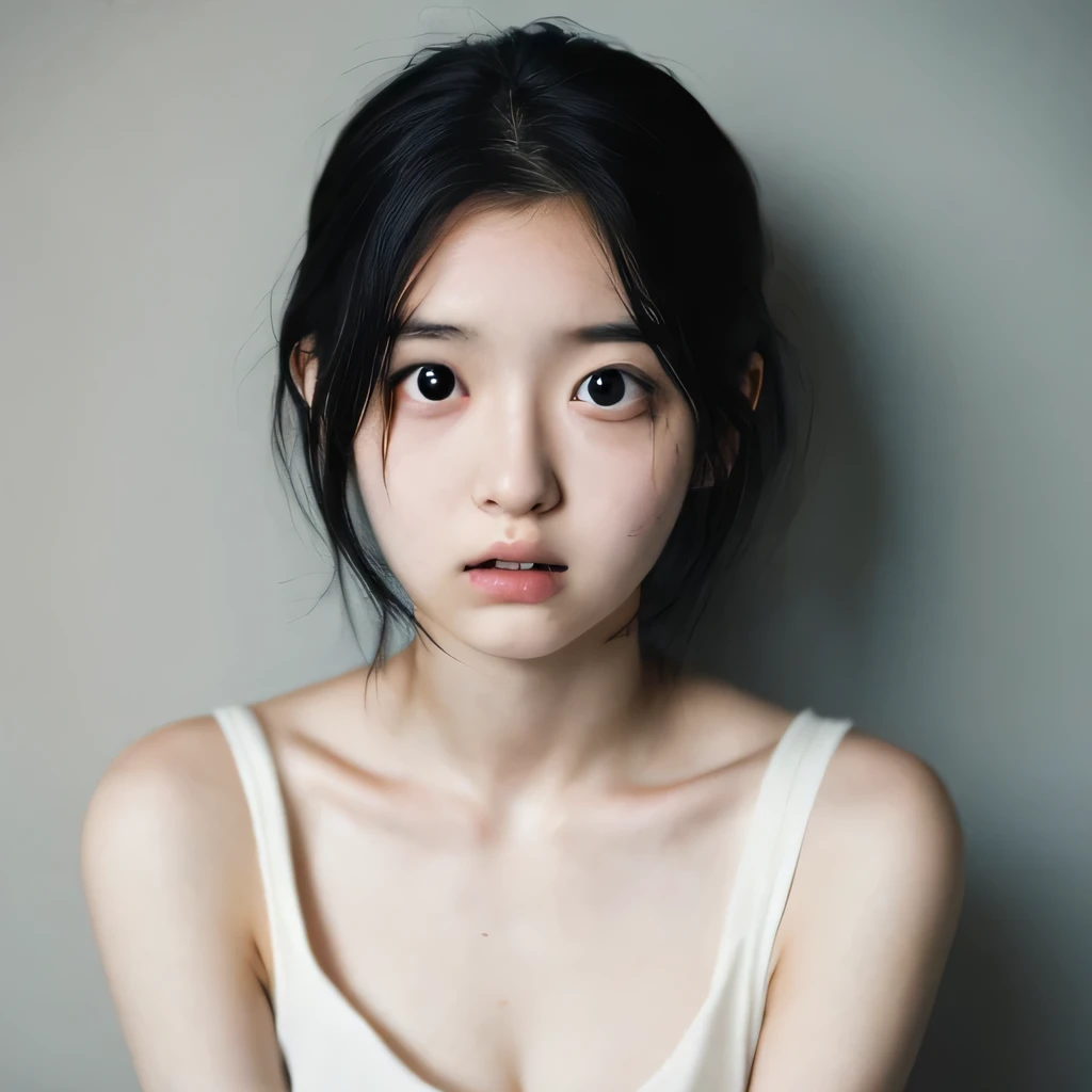 1 Japanese female, one-shot, Big eyes, big black eyes, double, shortcut, Emphasis on the clavicle, black hair, no makeup, young white skin, broad shoulders, ************