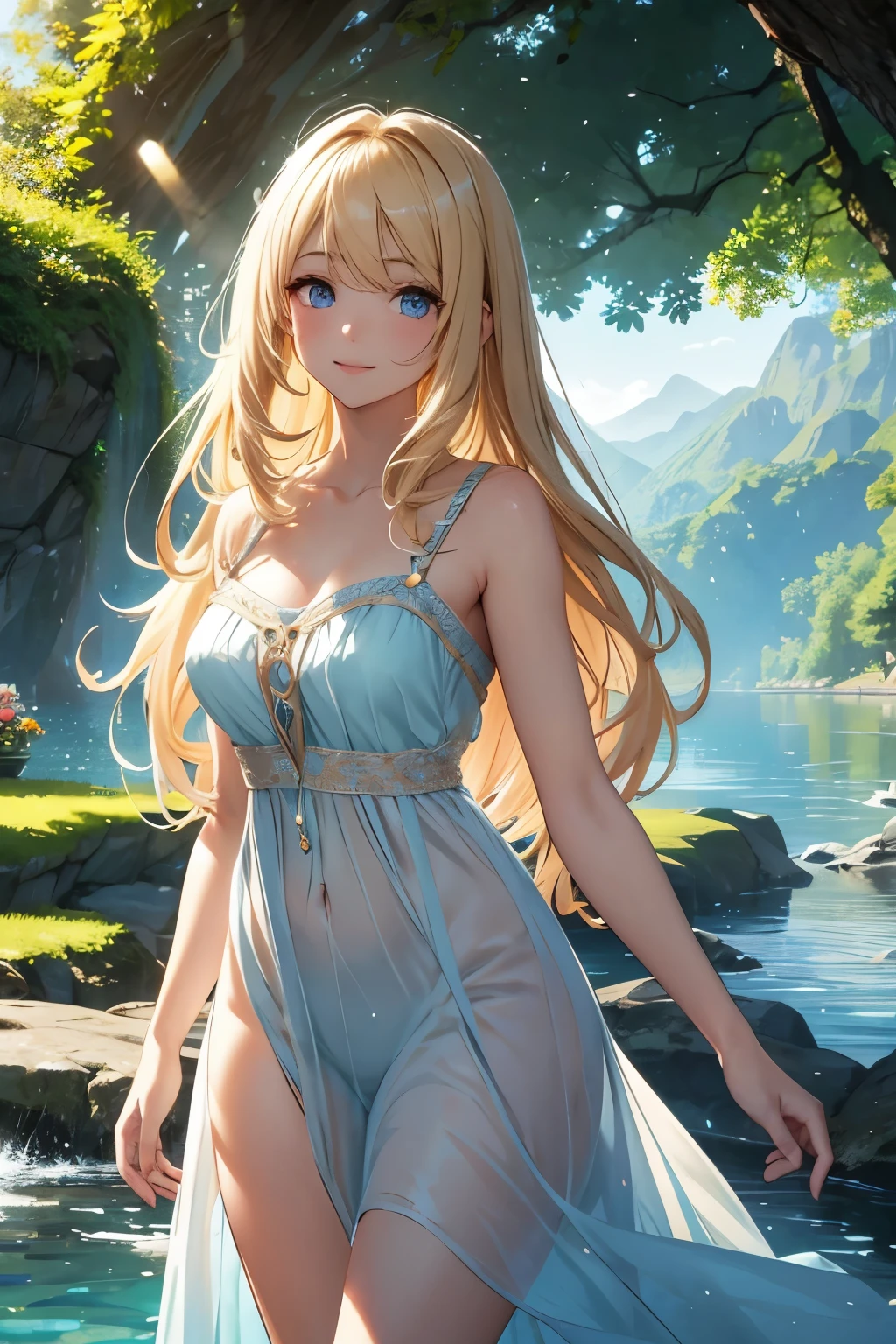 Ultra-realistic 8K CG, masterpiece, best quality, a beautiful blonde girl, solo, captivating, long golden hair cascading down her back, sans bangs, piercing blue eyes framed by finely shaped eyebrows, a delicate face with rosy cheeks, wearing a summer dress with flowers adorning it, standing at the edge of a clear blue lake with rays of sunlight reflecting off the water, a gentle smile on her lips, and a sense of peace and serenity emanating from her being. The surrounding landscape is alive with lush greenery and vibrant colors, with the sun casting long shadows that accentuate her feminine form, creating a balanced
