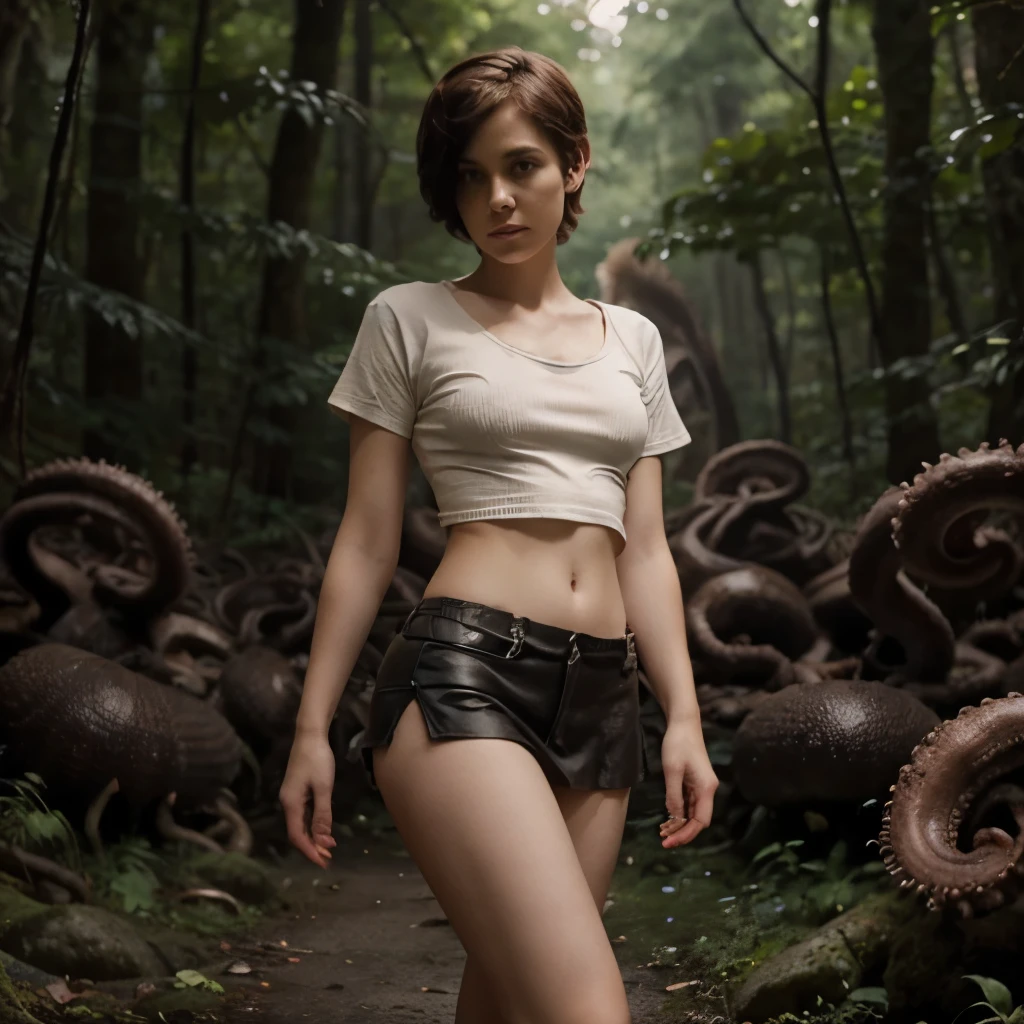 girl with short pixie style hair, wearing a miniskirt, unbuttoned t-shirt, in a forest ,Surrounded by octopus tentacles,Which come from Cthulhu ,They are touching the woman's leg 