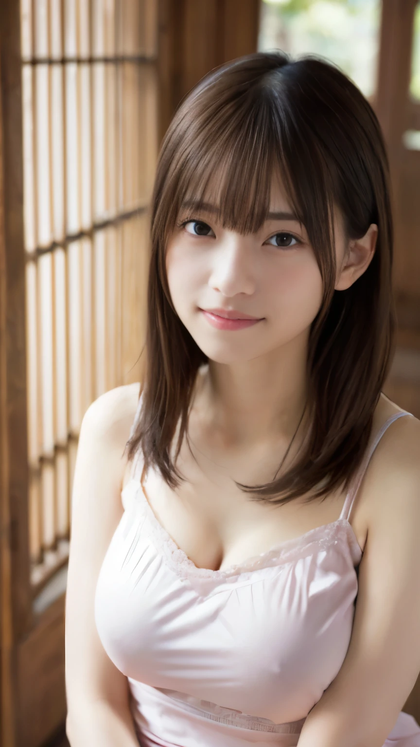 naked woman with pubic hair、beautiful girl、(最高masterpiece:1.3), (8k, Photoreal, RAW photo, best image quality: 1.4), japanese girl、、(random hairstyle:1.2)、(deep cleavage:1.2)、super detail face、pay attention to details、double eyelid、chest to chest、sharp focus:1.2、(cute woman:1.4)、light brown hair、highest quality、masterpiece、ultra high resolution、(Photoreal:1.4)、Highly detailed and professionally lit smiles、translucent beige camisole、pink pleated skirt、smile、long hair、upper body portrait、big breasts、saggy breasts、clear white skin、white breast