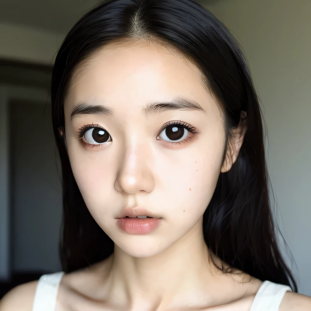 1 Japanese female, one-shot, Big eyes, big black eyes, double, shortcut, Emphasis on the clavicle, black hair, no makeup, young white skin, broad shoulders,