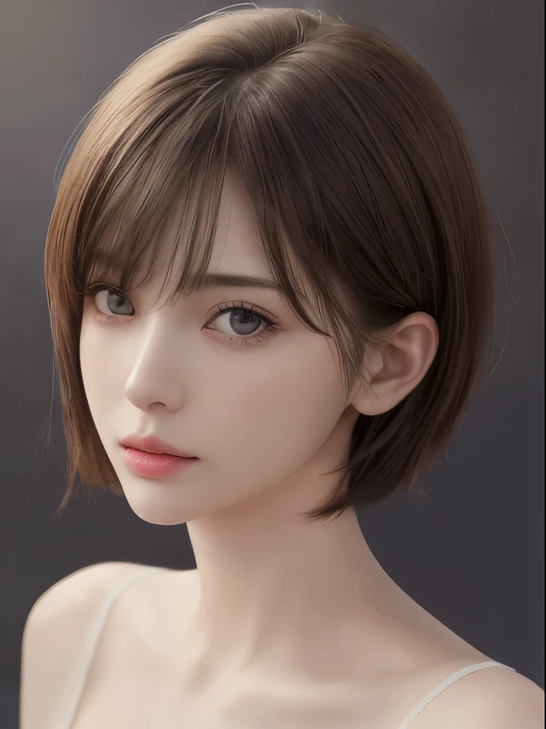 (Representative works:1.3)、(8k、photorealistic、RAW photo、Highest image quality:1.4)、超High definition、Super realistic、High definition、(30 year old mature woman)、small face、beautiful face、(realistic face)、no makeup、natural makeup、Light makeup、 (Dark brown、short hair:1.3)、Beautiful eyes in every detail、 (photorealisticな肌)、beautiful skin、bust B cup、 small breasts、、超High definition、Super realistic、High definition、cool beauty、、gray background、