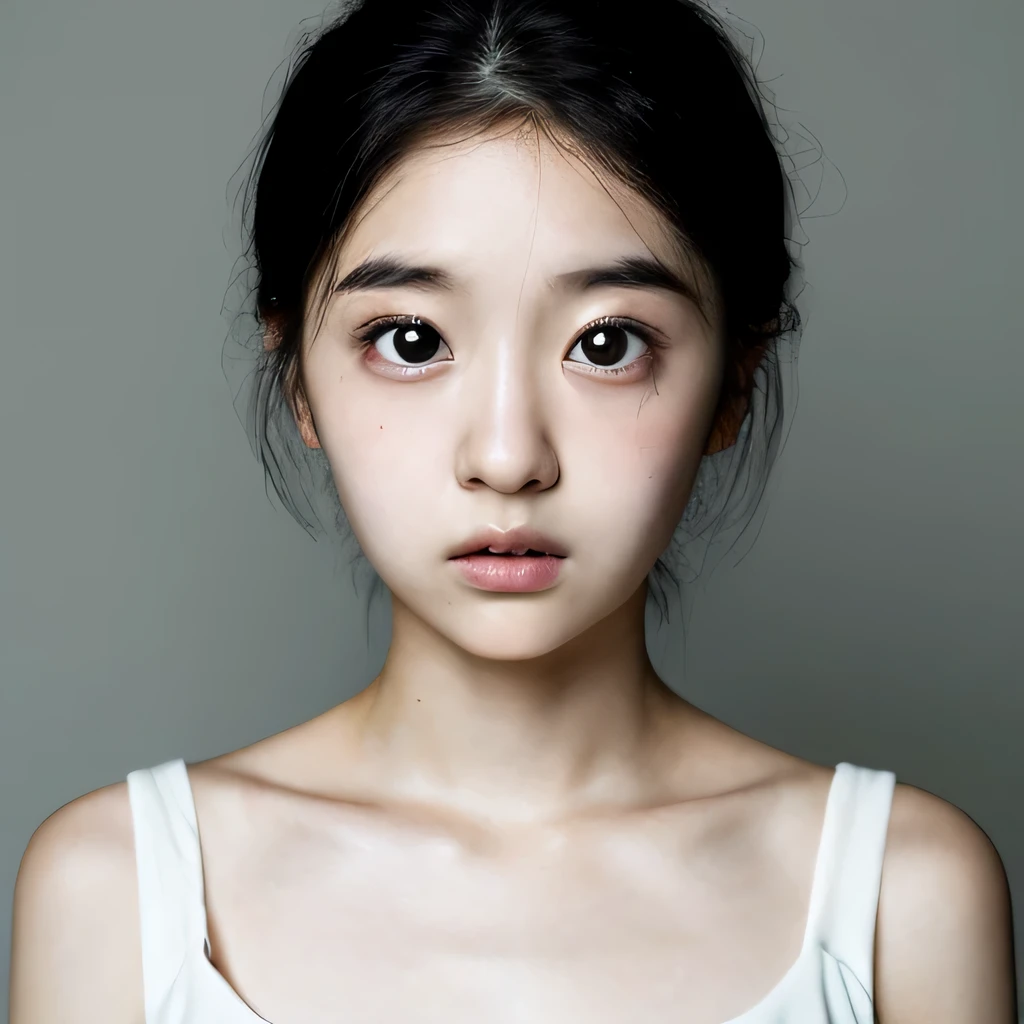 1 Japanese female, one-shot, Big eyes, big black eyes, double, shortcut, Emphasis on the clavicle, black hair, no makeup, young white skin, broad shoulders, 12 years old