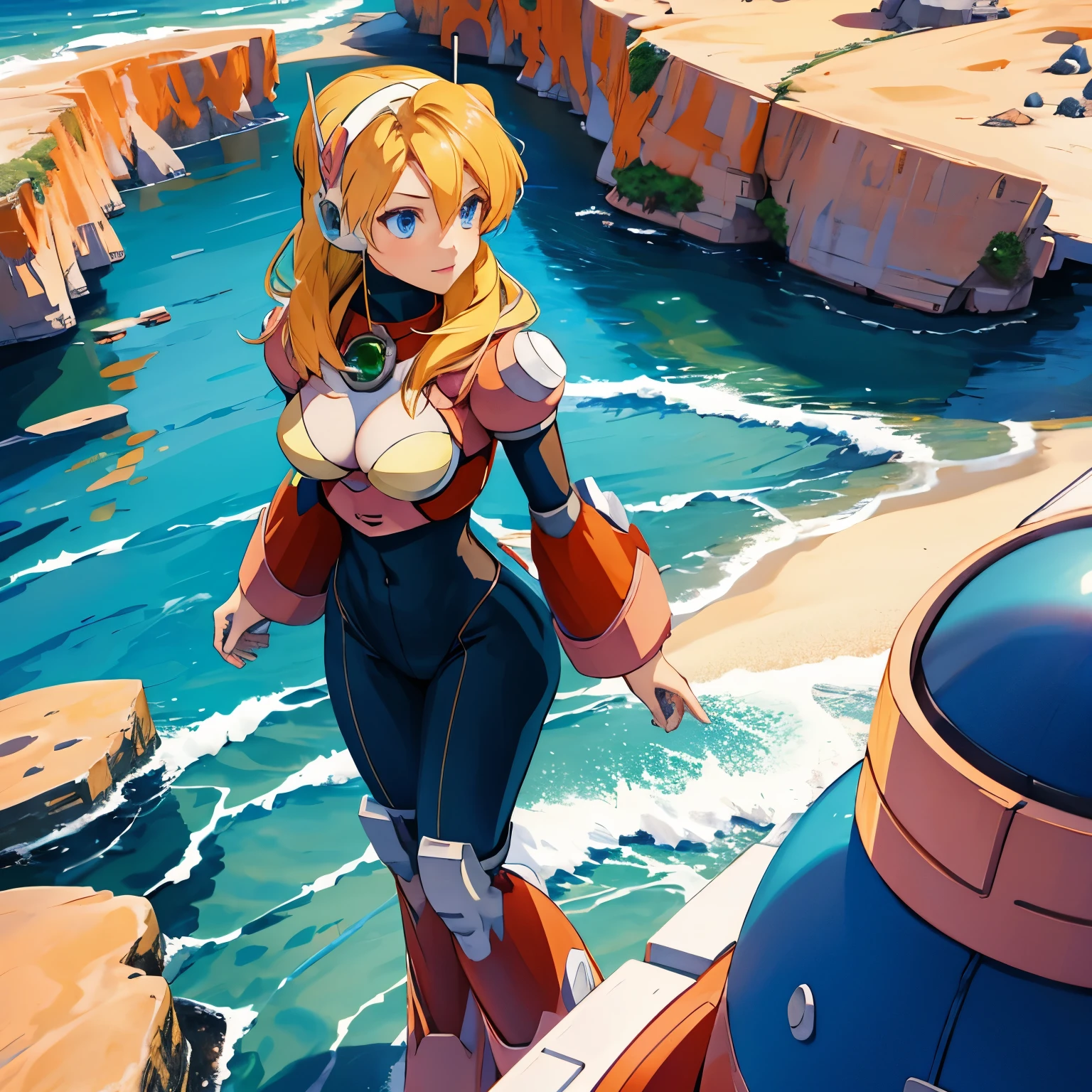 alia_megamanx, 1girl, solo, breasts, blue eyes, blonde hair, android, long hair, robot ears, overlooking the ocean on the edge of a rock, in the style of avian-themed, realistic yet stylized, villagecore, azure, orange and azure, dragoncore, aerial view