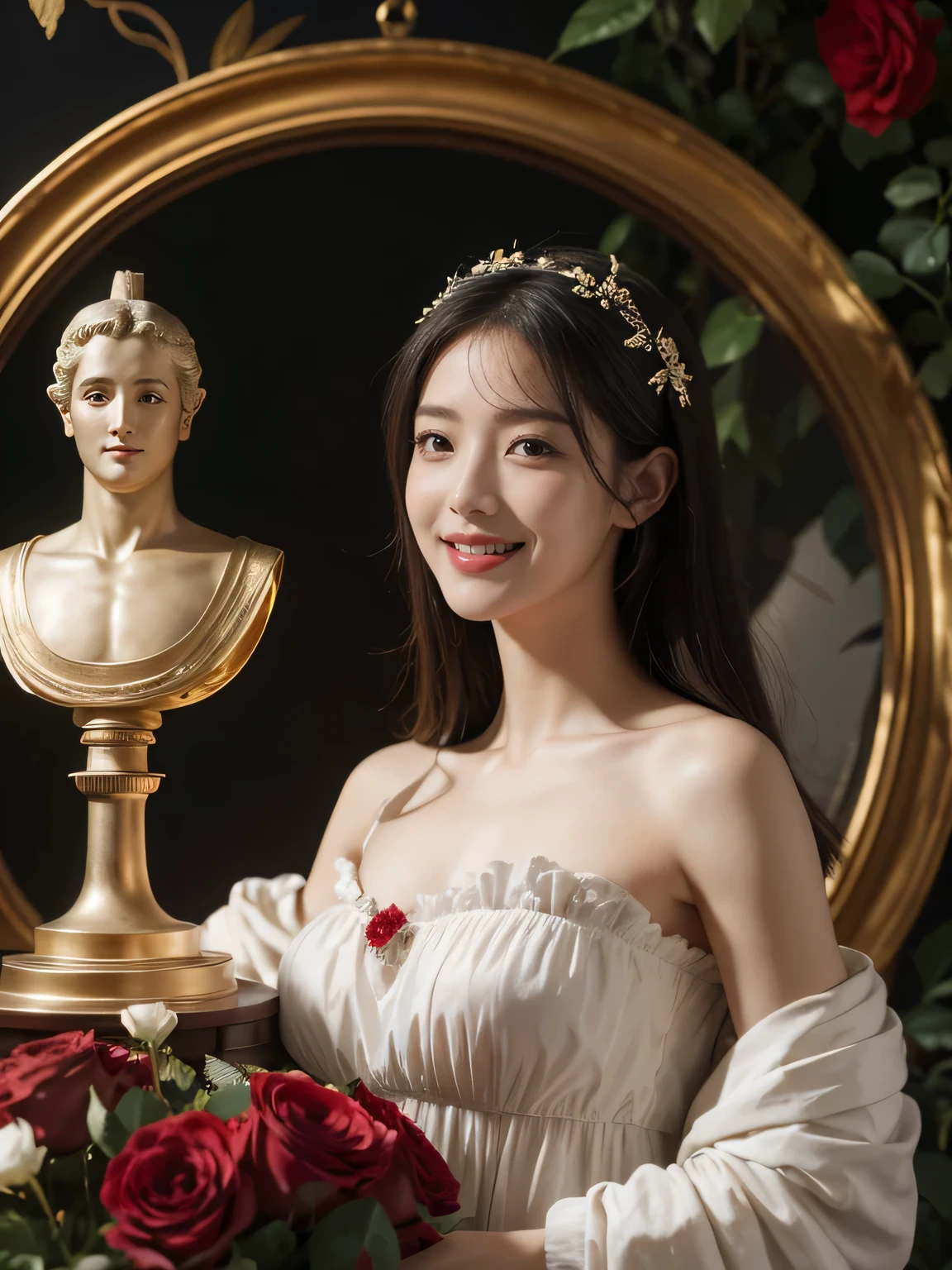 Jacques-Louis David painting style,Arguments of two female Philosophe,math、astronomical machine、astronaut、roses in vase、fruits、Cute trinkets、smile、ancient greek costume、Background is a forest lake at night 、Clothes that stretch your shoulders、A big smile、beautiful bare skin、A detailed representation of the seducing woman throughout her body.