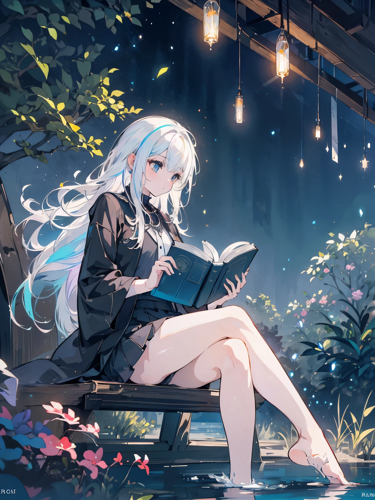 a girl in profile, sitting, legs crossed, white hair, long sideburns, white hair, bluish eyes, (((bare feet in the water, reading a book with black pages, luminous letters coming out of the book))), in a black forest and dark with neon flowers and fireflies, {extremely detailed 16k CG unit wallpaper}, expansive landscape photography, (a low view with focus on character and setting), (wide view of open field), ( low angle photo), (high light: 1.2), (low light: 1.7), (warm light source: 1.2), complex details, (iridescent colors: 1.5), (bright lighting), (atmospheric lighting)