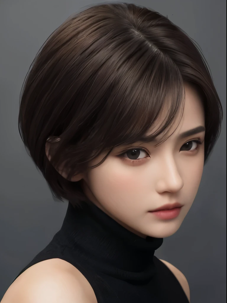 (Representative works:1.3)、(8k、photorealistic、RAW photo、Highest image quality:1.4)、超High definition、Super realistic、High definition、(30 year old mature woman)、small face、beautiful face、(realistic face)、no makeup、natural makeup、Light makeup、 (Dark brown、short hair:1.3)、Beautiful eyes in every detail、 (photorealisticな肌)、beautiful skin、bust B cup、 small breasts、、超High definition、Super realistic、High definition、cool beauty、、gray background、