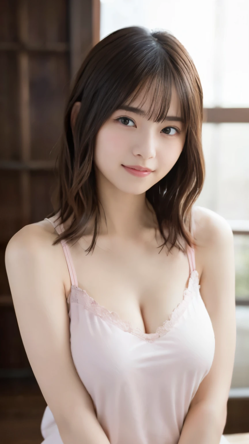 naked woman with pubic hair、beautiful girl、(最高masterpiece:1.3), (8k, Photoreal, RAW photo, best image quality: 1.4), japanese girl、、(random hairstyle:1.2)、(deep cleavage:1.2)、super detail face、pay attention to details、double eyelid、chest to chest、sharp focus:1.2、(cute woman:1.4)、light brown hair、highest quality、masterpiece、ultra high resolution、(Photoreal:1.4)、Highly detailed and professionally lit smiles、translucent beige camisole、pink pleated skirt、smile、long hair、upper body portrait、big breasts、saggy breasts、clear white skin、white breast