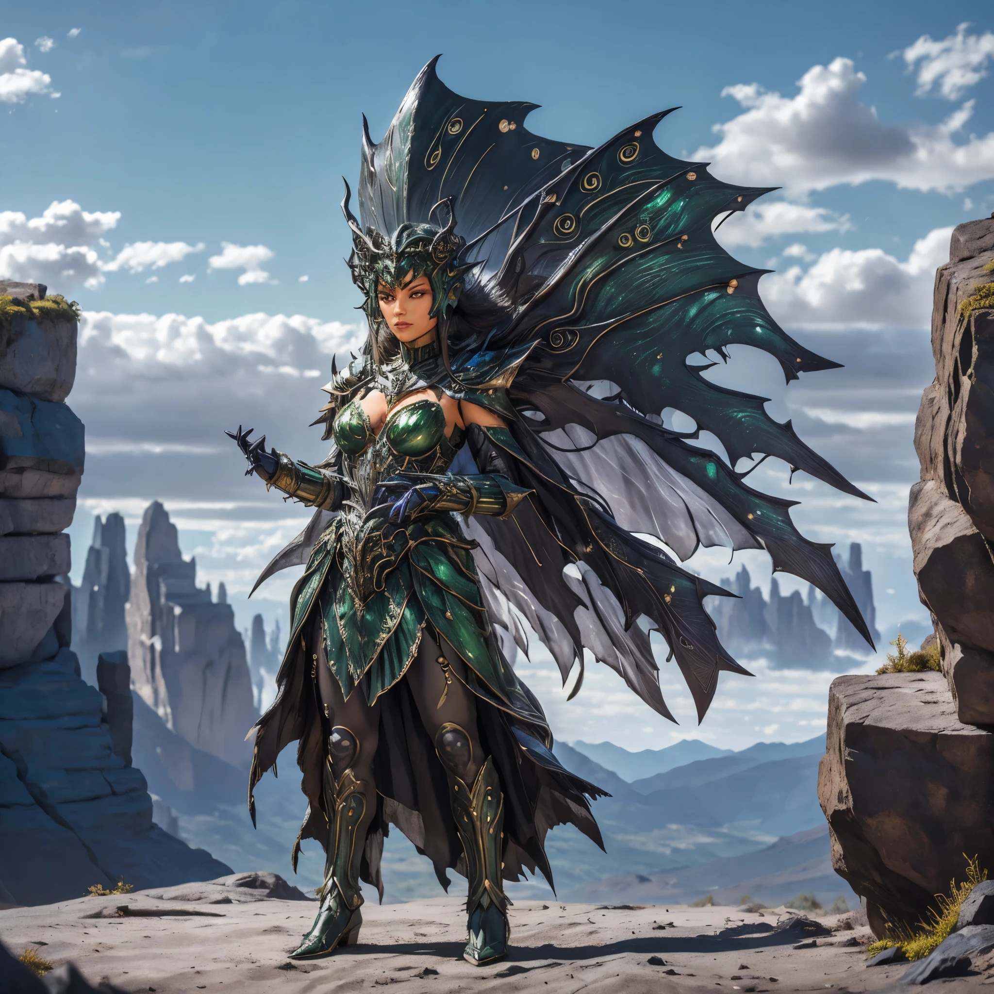 (ultra-detailed,highres,best quality:1.2), sinister Villainess Armored with alien powers and rock-based abilities, elegant Alien Princess adorned in Asymmetrical Stylized Armor in shades of Green and Brown with intricate rock-inspired design, vibrant earth tones, majestic presence, imposing aura, glowing gemstone accents, laser-sharp eyes, ethereal beauty, powerful stance, mystical energy emanating from her hands, flowing cape billowing in the wind, surreal landscape with towering rock formations, lush vegetation, mystical fog, alien artifacts, contrasting light and shadow, atmospheric lighting, otherworldly ambiance