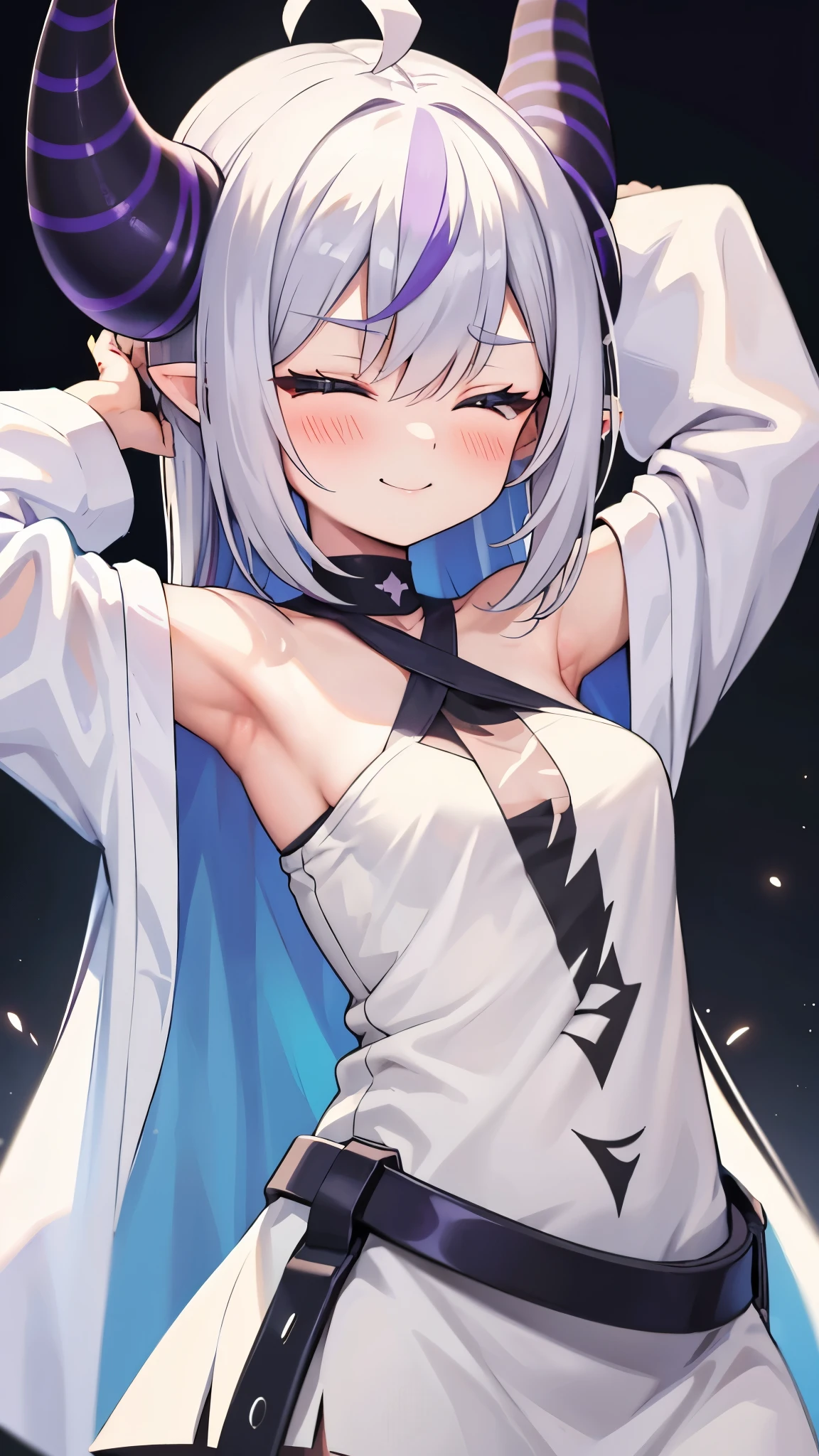 Laplace Darkness, presenting armpit, off-shoulder oversized shirt, Upper body, close, smile, white clothes, close your eyes