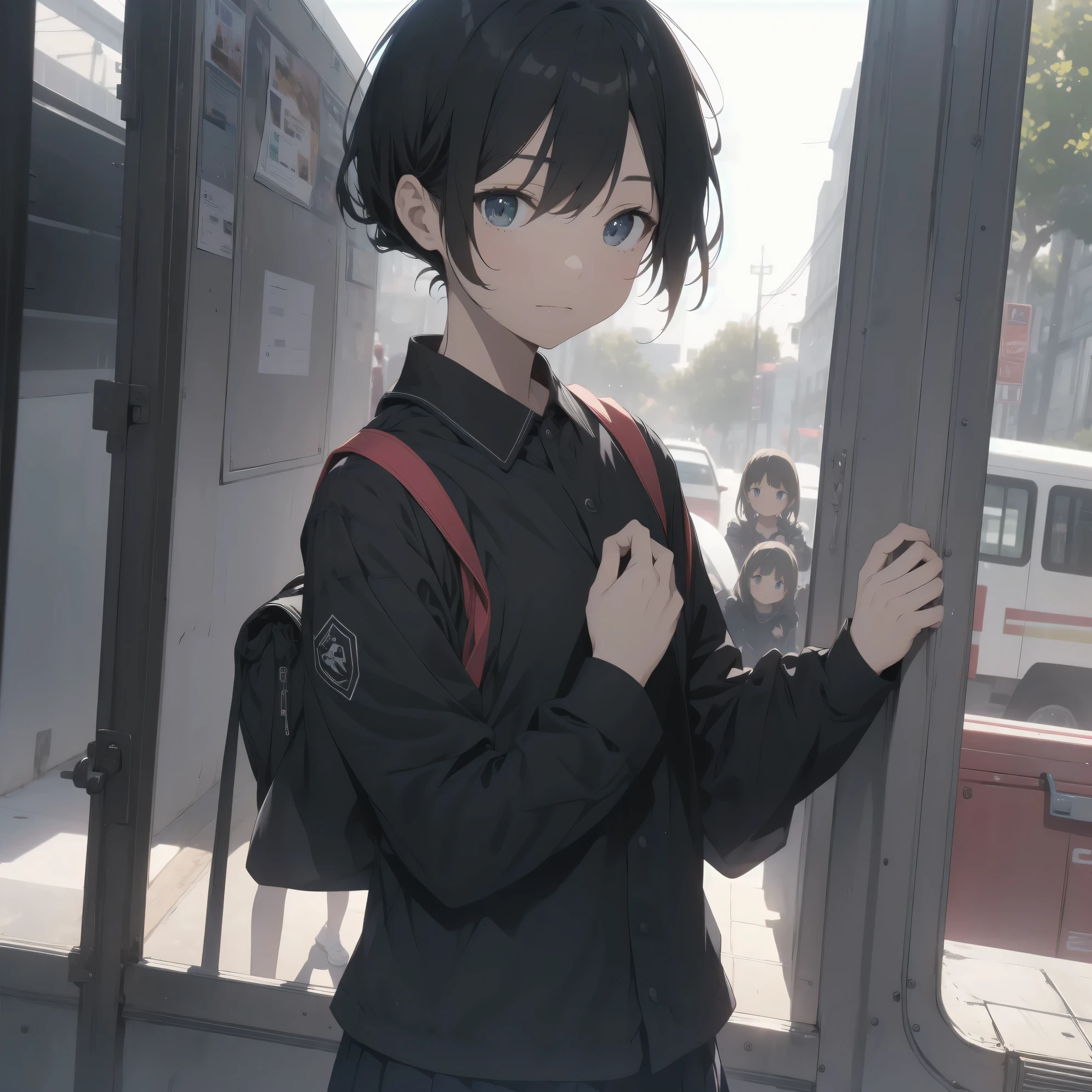 Super absurd quality by the god of art, super detailed, High resolution, anime moe art style, Best Anime 8K Kona-chan Wallpaper, pixiv contest winner, perfect anatomy, break,(眠そうにalone学校へ行く女の子を描いてください. )break,1 girl, (alone,little woman, baby face, :1.3),All limbs, full finger,, The charm of an immature body, (very short hair), bangs, flat chest, Small Bodysuits, small ass, between legs, small black eyes, detailed and beautiful eyes, Well-proportioned iris and pupils, expressive eyes, sleepy eyes, High resolutionの詳細な髪, ribbon, neck ribbon, skirt, collared shirt,  pleated skirt, school uniform, school bag,(detailed lighting), (detailed background), On the way to school. break,super dense skin, The best everyday lighting by famous artists, 8k,cute illustration,photoshop_(Moderate),Absurd Hi-Res,Hmm,rough skin