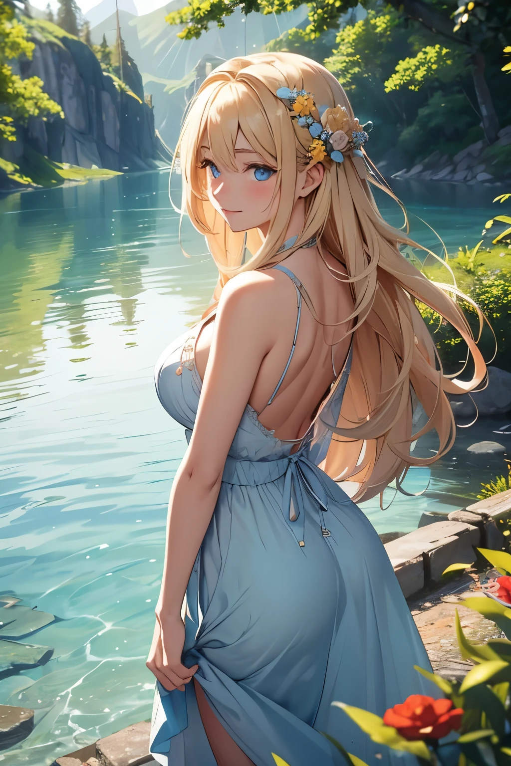 Ultra-realistic 8K CG, masterpiece, best quality, a beautiful blonde girl, solo, captivating, long golden hair cascading down her back, sans bangs, piercing blue eyes framed by finely shaped eyebrows, a delicate face with rosy cheeks, wearing a summer dress with flowers adorning it, standing at the edge of a clear blue lake with rays of sunlight reflecting off the water, a gentle smile on her lips, and a sense of peace and serenity emanating from her being. The surrounding landscape is alive with lush greenery and vibrant colors, with the sun casting long shadows that accentuate her feminine form, creating a balanced