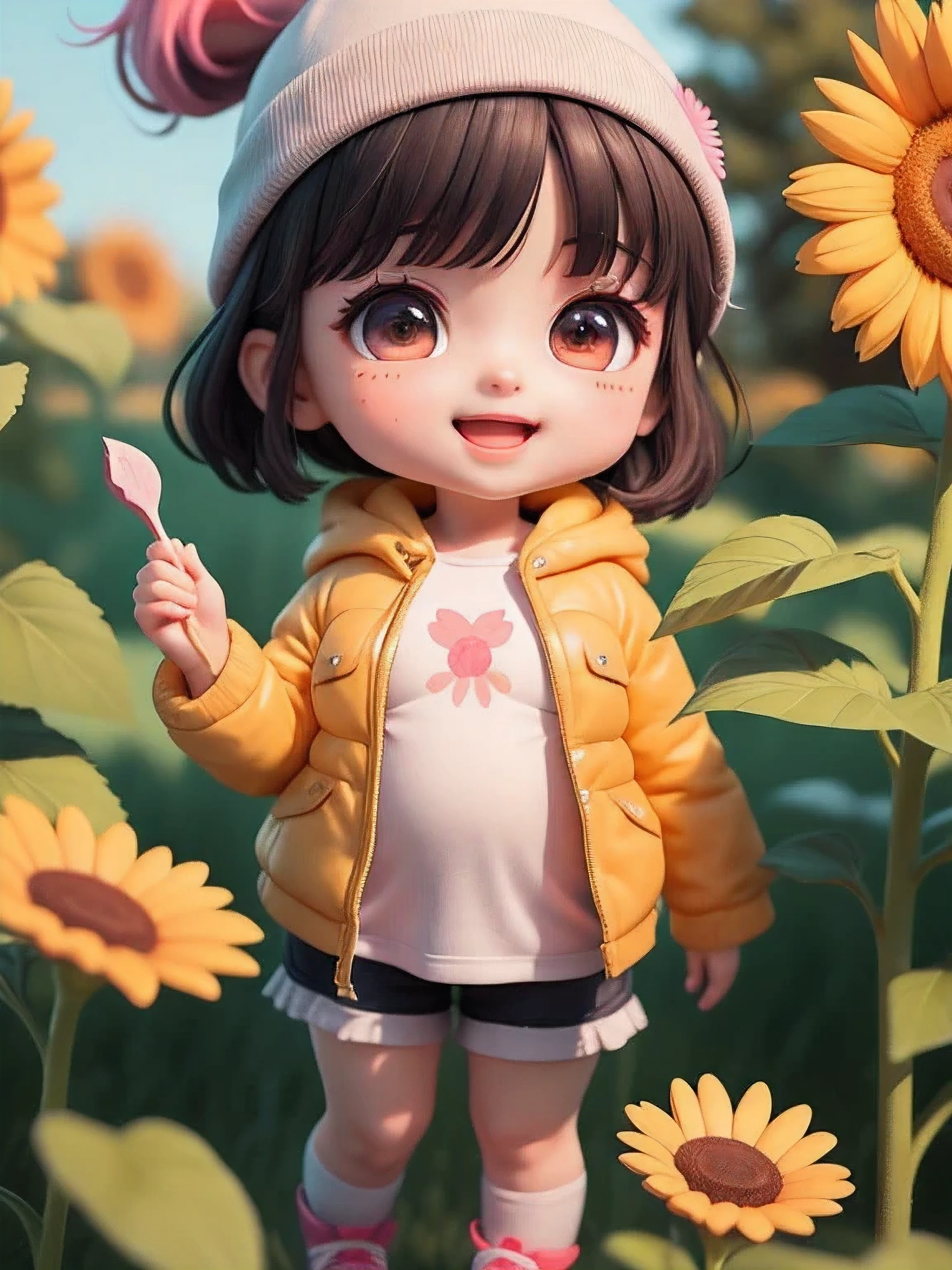 (masterpiece),(best quality),(super detailed), (whole body:1.2),
1 chubby girl,chibi,charming, Smile, open mouth,
flower, Outdoor sports, , holding drumstick, jacket, blush, tree, :3, shirt, short hair, sunflower, have, vague, black hair, long sleeves, Bangs,ponytail，pink flower,
(Beautiful and delicate face), (beautiful and delicate eyes),
 