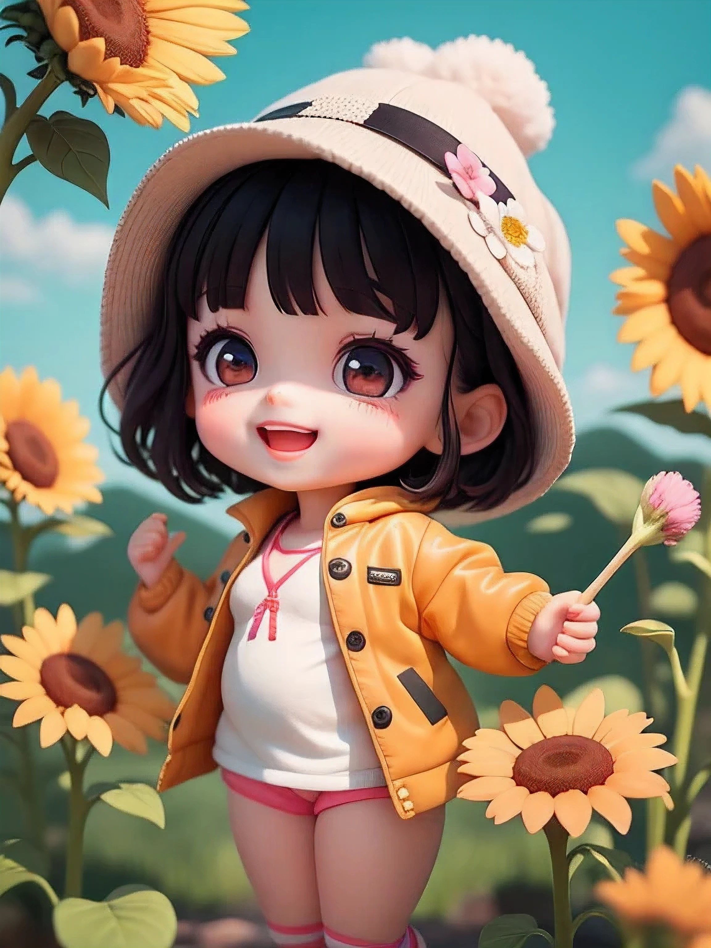 (masterpiece),(best quality),(super detailed), (whole body:1.2),
1 fat girl fat man，charming, Smile, open mouth,
flower, beach, , blowing bubbles，Mage Clothing, blush, tree, :3, shirt, short hair, sunflower, have, vague, black hair, long sleeves, Bangs,ponytail，
(Beautiful and delicate face), (beautiful and delicate eyes),
 