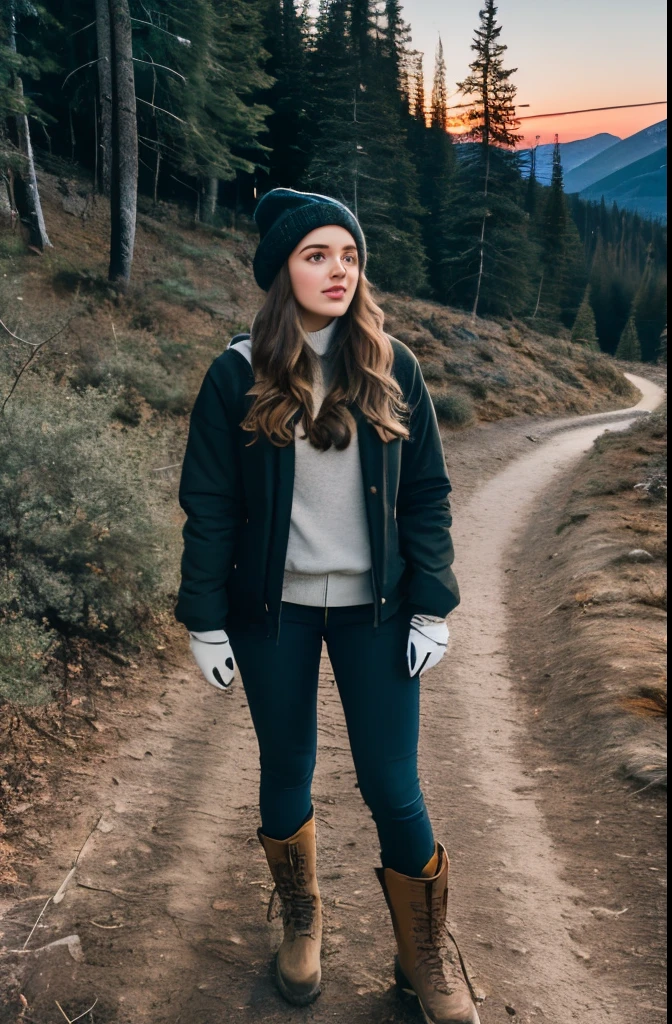 Danielle Rose Russell ((full body selfie, happy)), masterpiece, best quality, ultra-detailed, ground, outdoor, (night), mountains, nature, (stars, moon) cheerful, happy, backpack, bag sleeping, camping stove, water bottle, mountain boots, gloves, sweater, hat, lantern, forest, stones, river, wood, smoke, shadows, contrast, clear sky, style, (warm hue, warm tone)