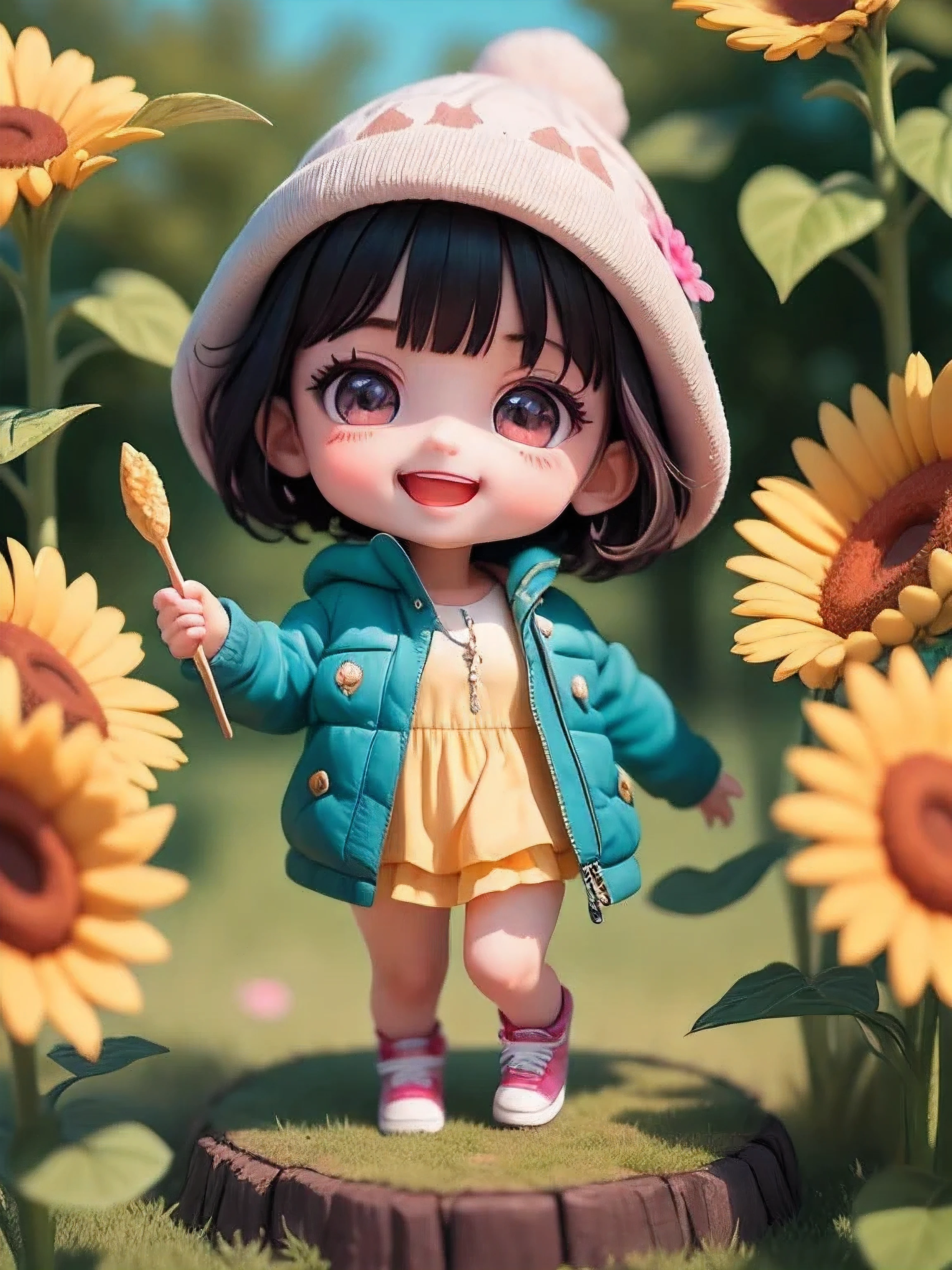 (masterpiece),(best quality),(super detailed), (whole body:1.2),
1 chubby girl,chibi,charming, Smile, open mouth,
flower, Outdoor sports, , holding drumstick, jacket, blush, tree, :3, shirt, short hair, sunflower, have, vague, black hair, long sleeves, Bangs,ponytail,pink flower,
(Beautiful and delicate face), (beautiful and delicate eyes),
