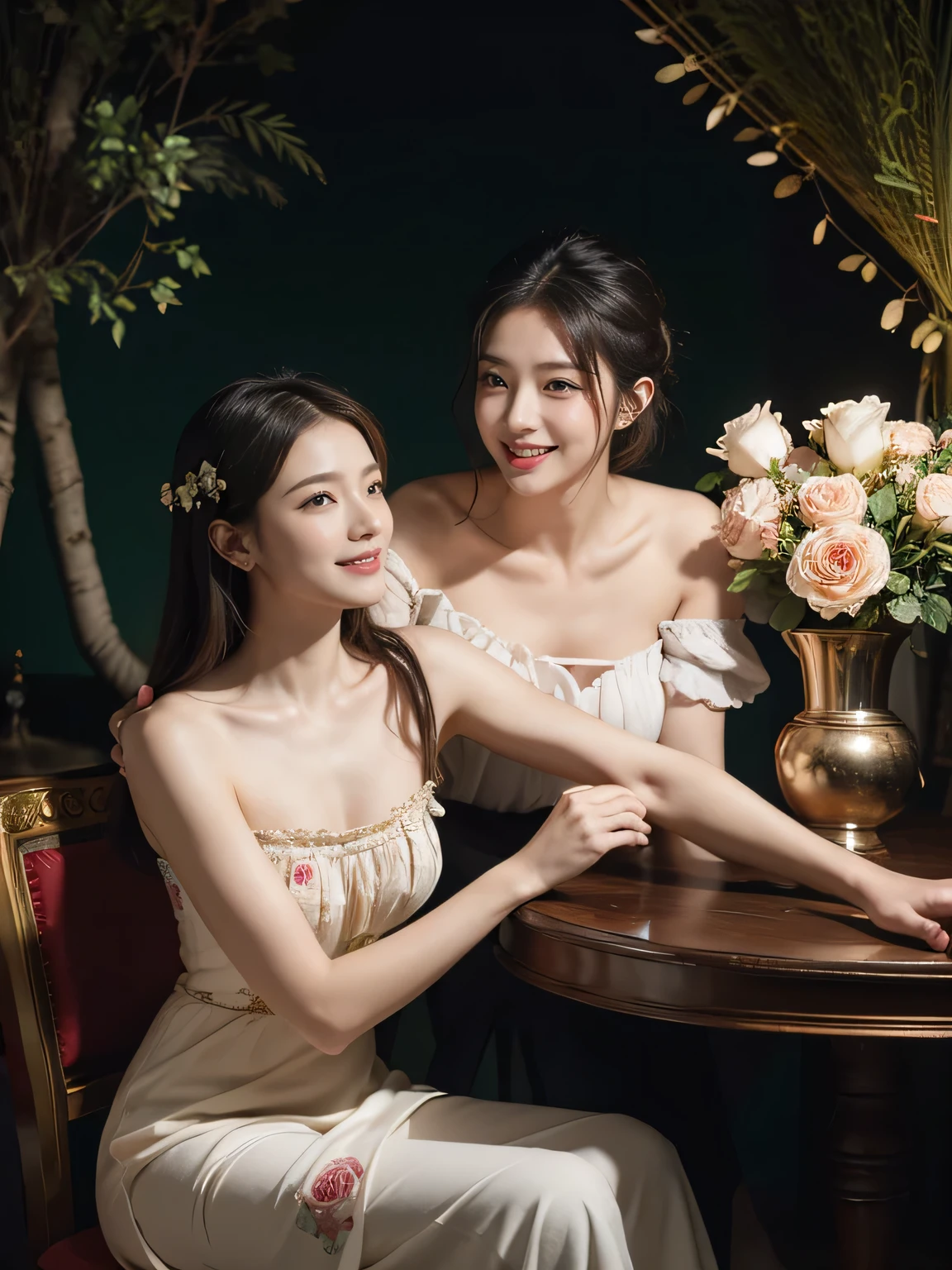Jacques-Louis David painting style,Arguments of two female Philosophe,math、astronomical machine、astronaut、roses in vase、fruits、Cute trinkets、smile、ancient greek costume、Background is a forest lake at night 、Clothes that stretch your shoulders、A big smile、beautiful bare skin、A detailed representation of the seducing woman throughout her body.