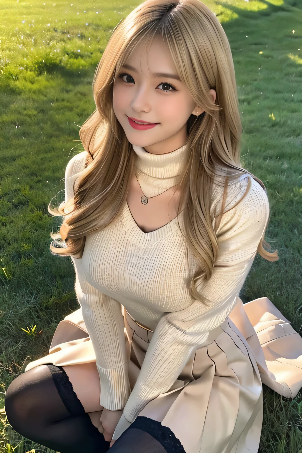 23 is a novel, long dark blonde wavy hair、beige turtleneck sweater, plump nipples、long pleated skirt of dark blue color,medium milk, cute smile、(lean forward to emphasize the chest)、、beautiful necklace、black high heels、sexy lace panties、Visible shot of the whole body、on the grass in the park、squat down on your knees、Cute smile with upward glances
