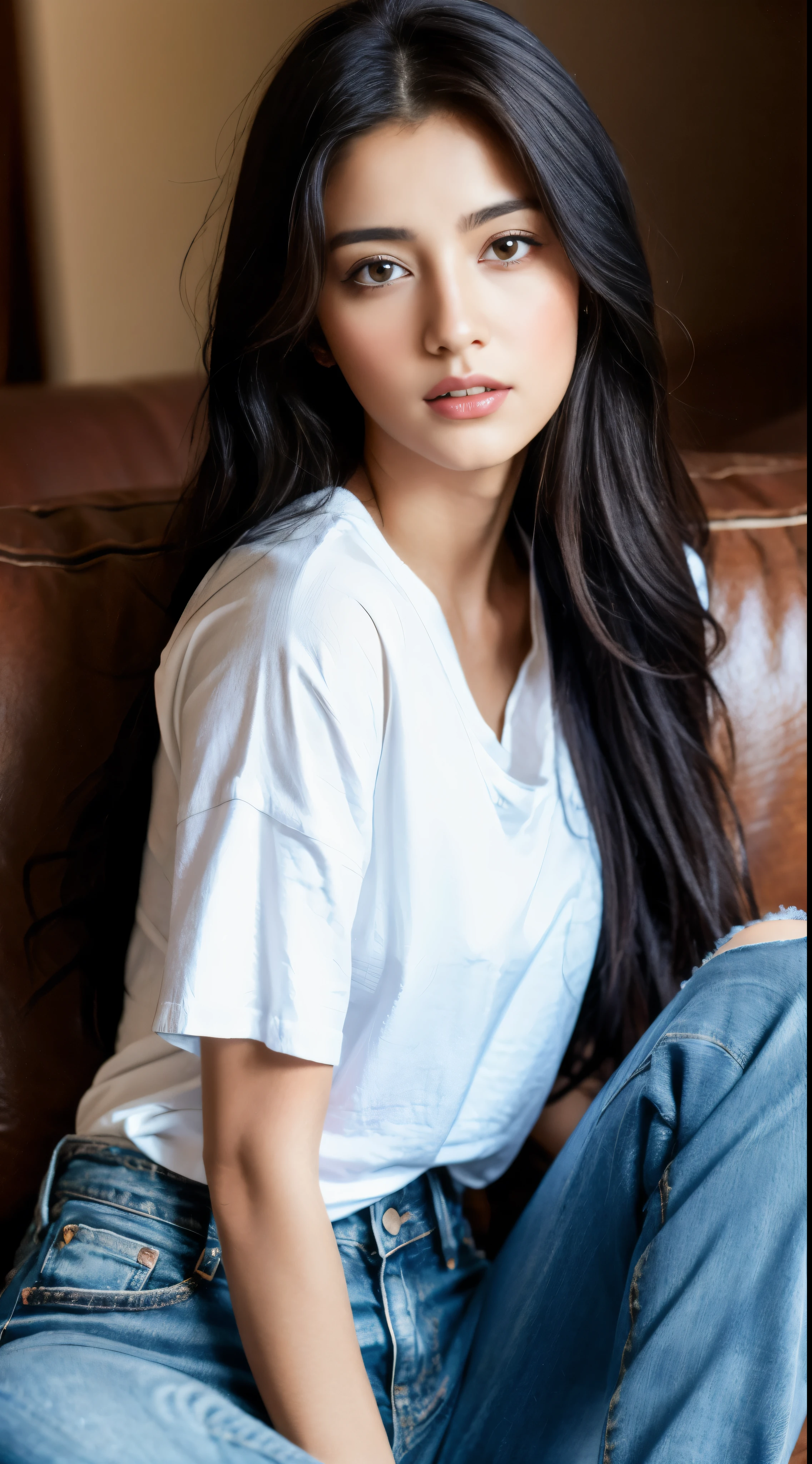 1girl, solo, best quality, masterpiece, 8k, raw photo, image of a girl, Extremely detailed and raw, Realistic portrayal, Sitting comfortably on a couch, Long locks cascading down her back, Or wearing black hair draped over her shoulders, Wearing a white T-shirt and faded jeans, Her expressive eyes look directly at the viewer, Captured in a raw, unaltered photo, The intricacy of each fiber in her long hair and the texture of her jeans are visible in 8k resolution, A true masterpiece of realism and raw vulnerability.