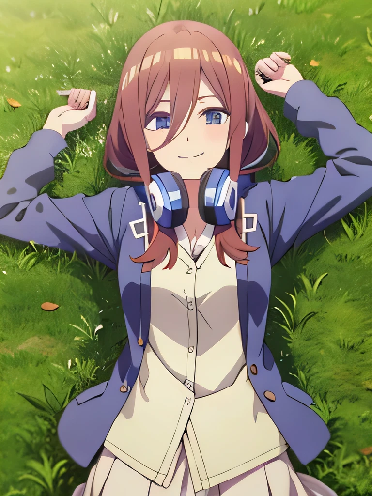 solo, 1girl, looking at viewer, 2D, anime, anime coloring, high quality solo, cowboy shot, lying, on back, on grass, spread arms, shy smile, arms up, closed mouth, miku nakano, cardigan, headphones around neck, looking at viewer, smile