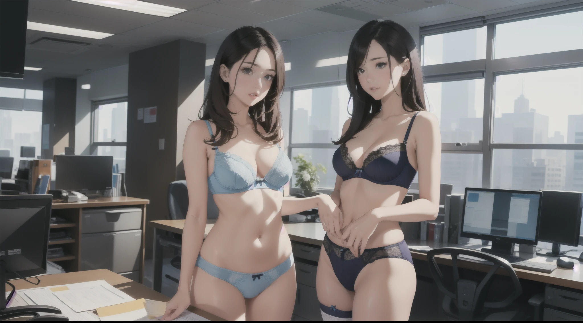 Beautiful woman in her 20s to 40s stands in office landscape decorated with skyscrapers. Her attractive appearance stands out, while wearing stockings、There is a visible crack in her buttocks. She has a small bust、Wearing a set of white bra and underwear, Or a set of black bra and underwear, Or a set of red bra and underwear, Or a set of blue bra and underwear, Or a set of purple bra and underwear, Or a set of orange bra and underwear. You can see your whole body in the office scenery.)